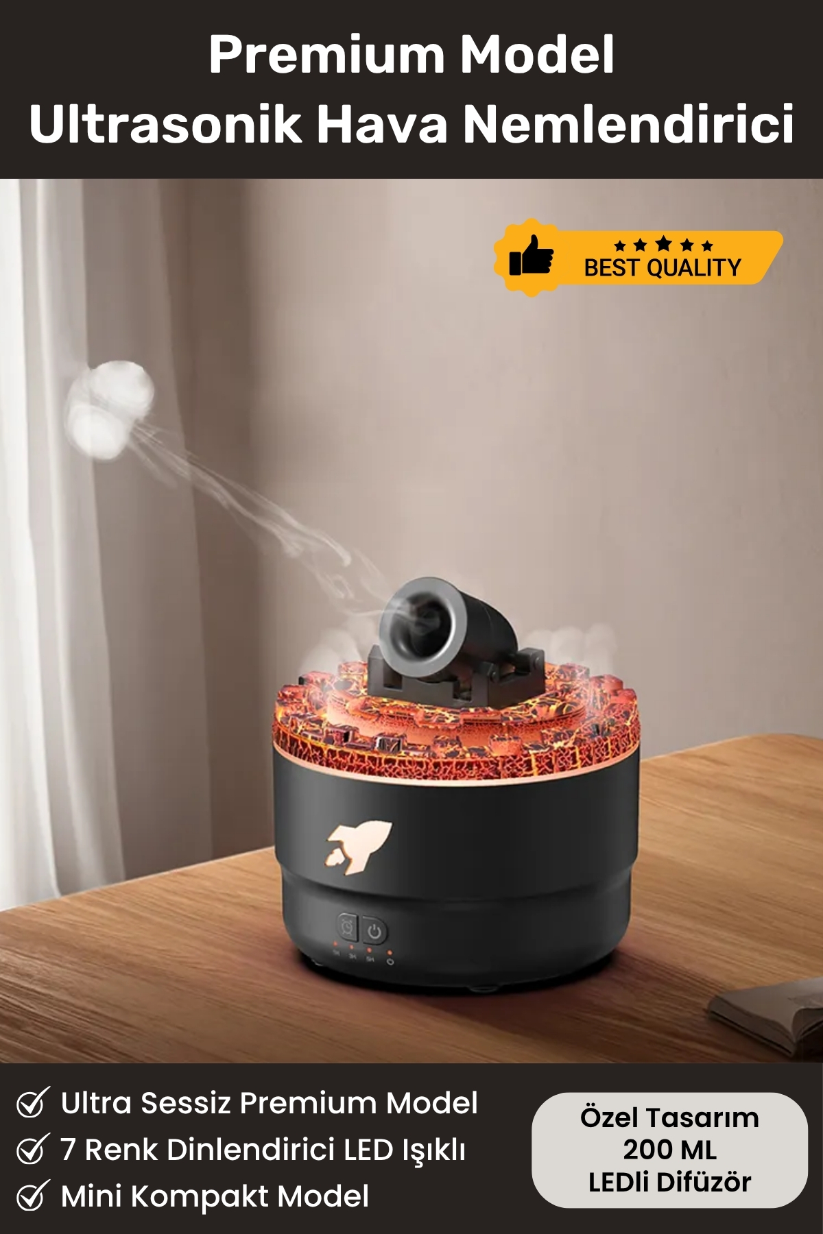 Yeni Nesil 3D Simülasyon Volkanik 7 Renk LED Işıklı Aroma Difüzör Buhar Makinesi Hava Nemlendirici