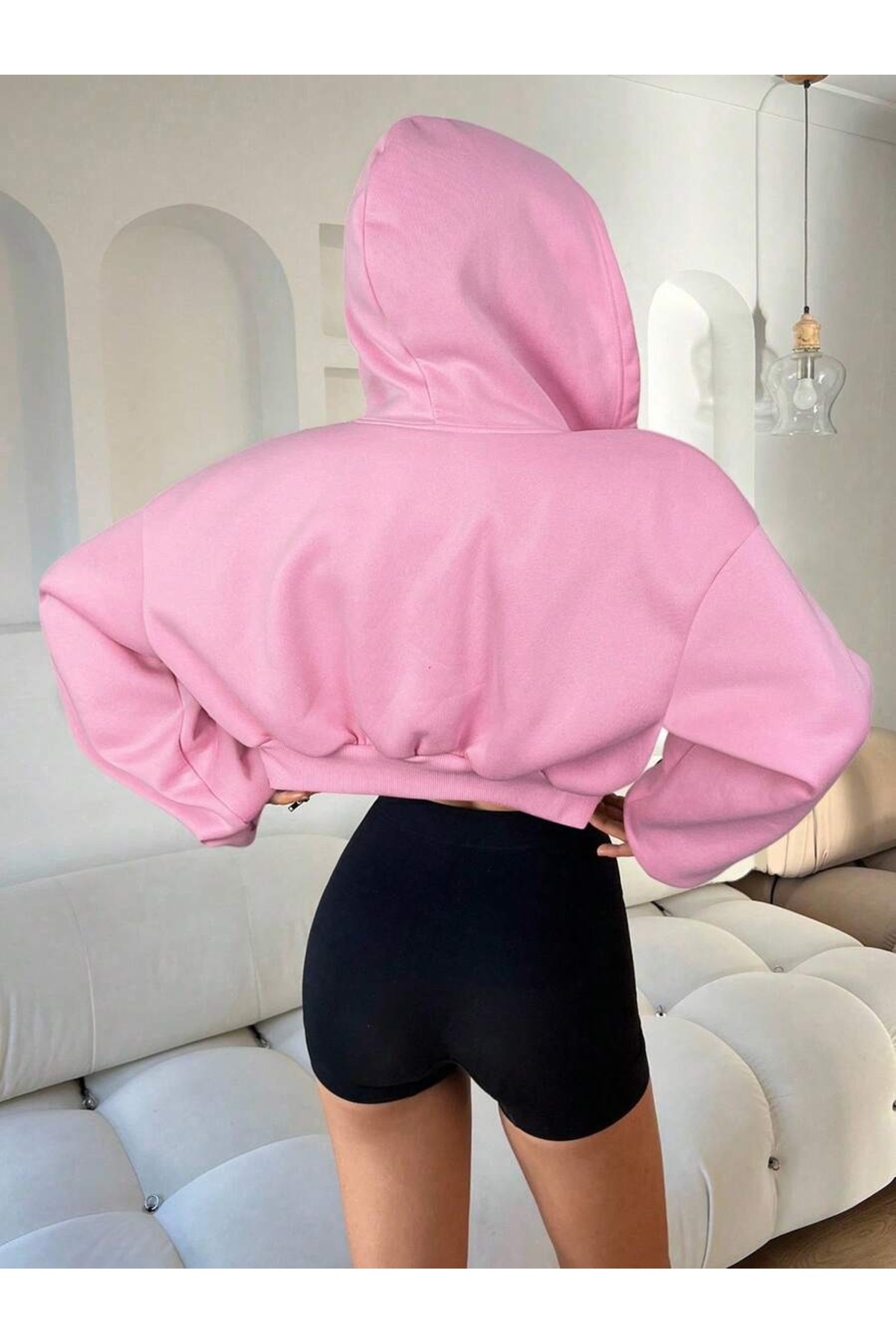 OVER HEAD  Kadın Pembe Kapüşonlu Crop Hırka Ceket - Görsel 2