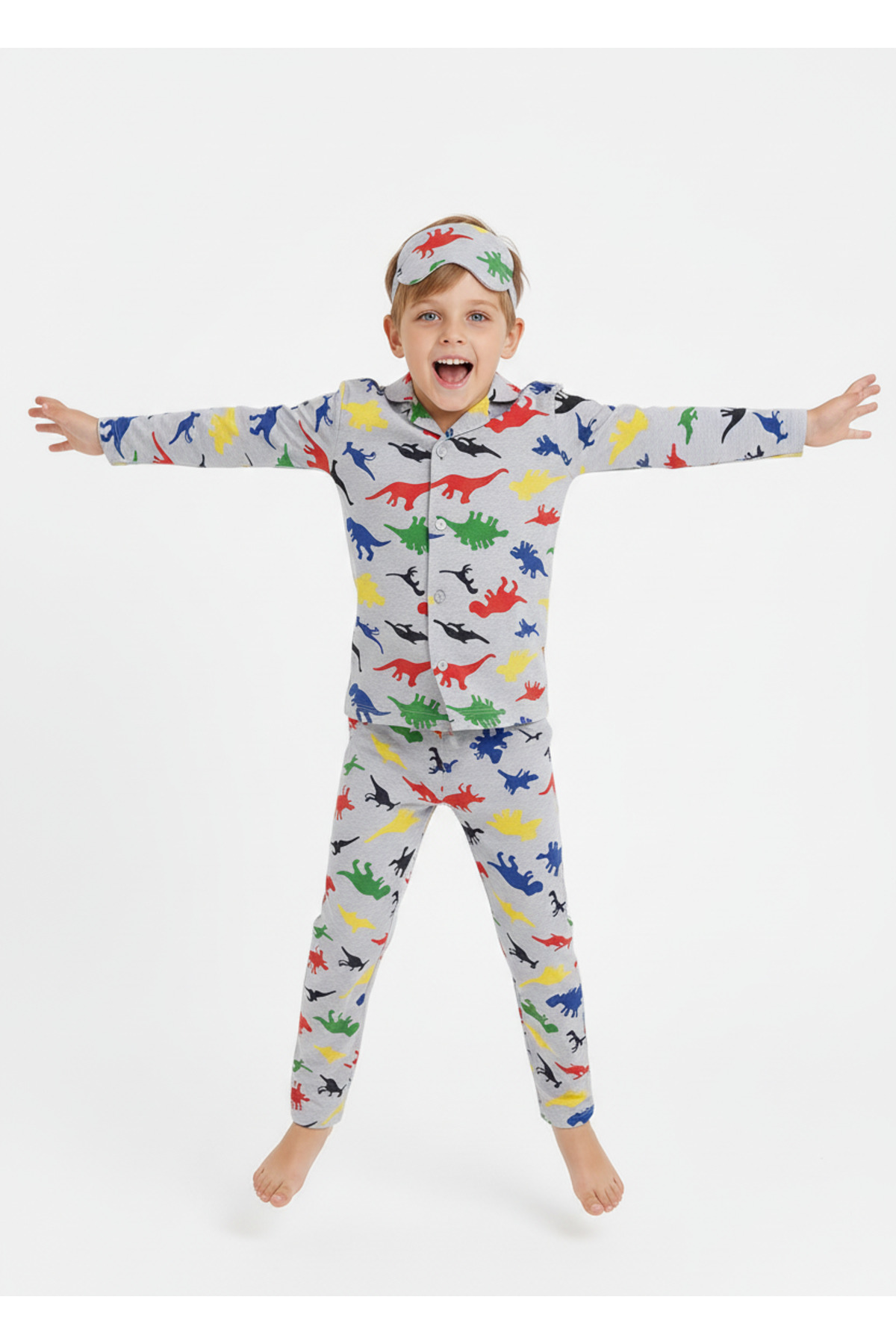 Beka Kids Erkek Çocuk Önden Düğmeli Desenli Pijama Takımı %100 Pamuklu Pijama Takımı Ve Göz Bandı fotoğrafı 3 (önizleme)