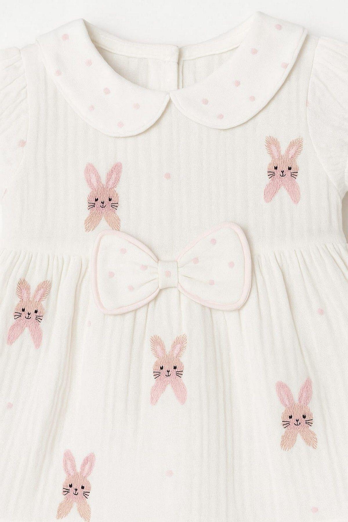 dinamik çocuk Kız Bebek/Çocuk Müslin Kumaş Tavşanlı Büzgü Kol Yazlık Elbise Organik fotoğrafı 6 (önizleme)