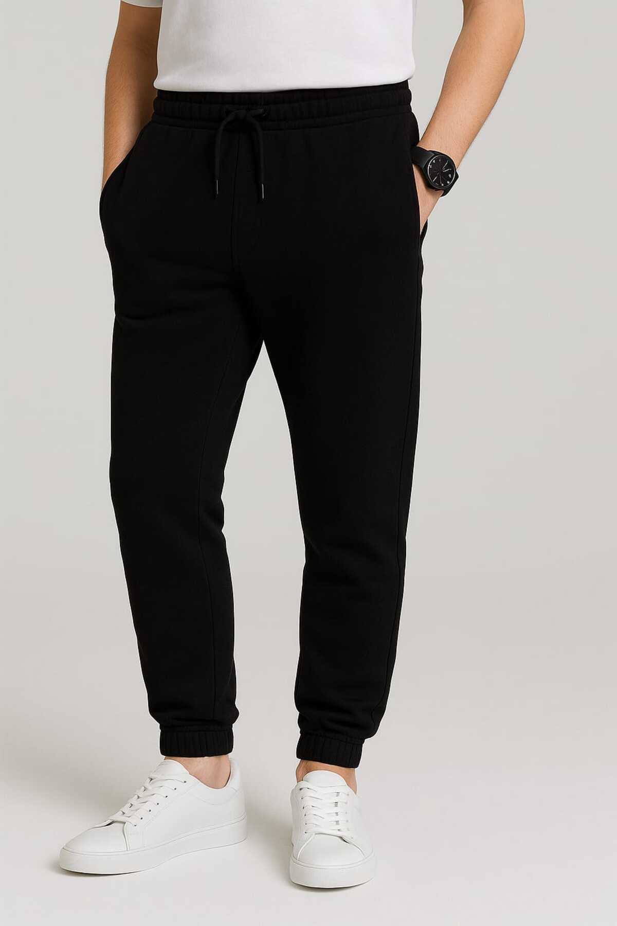 TREND ALİSSE Erkek siyah BLACK Standart Fit Normal Kesim 2 Iplik Cepli Rahat Jogger Eşofman Altı