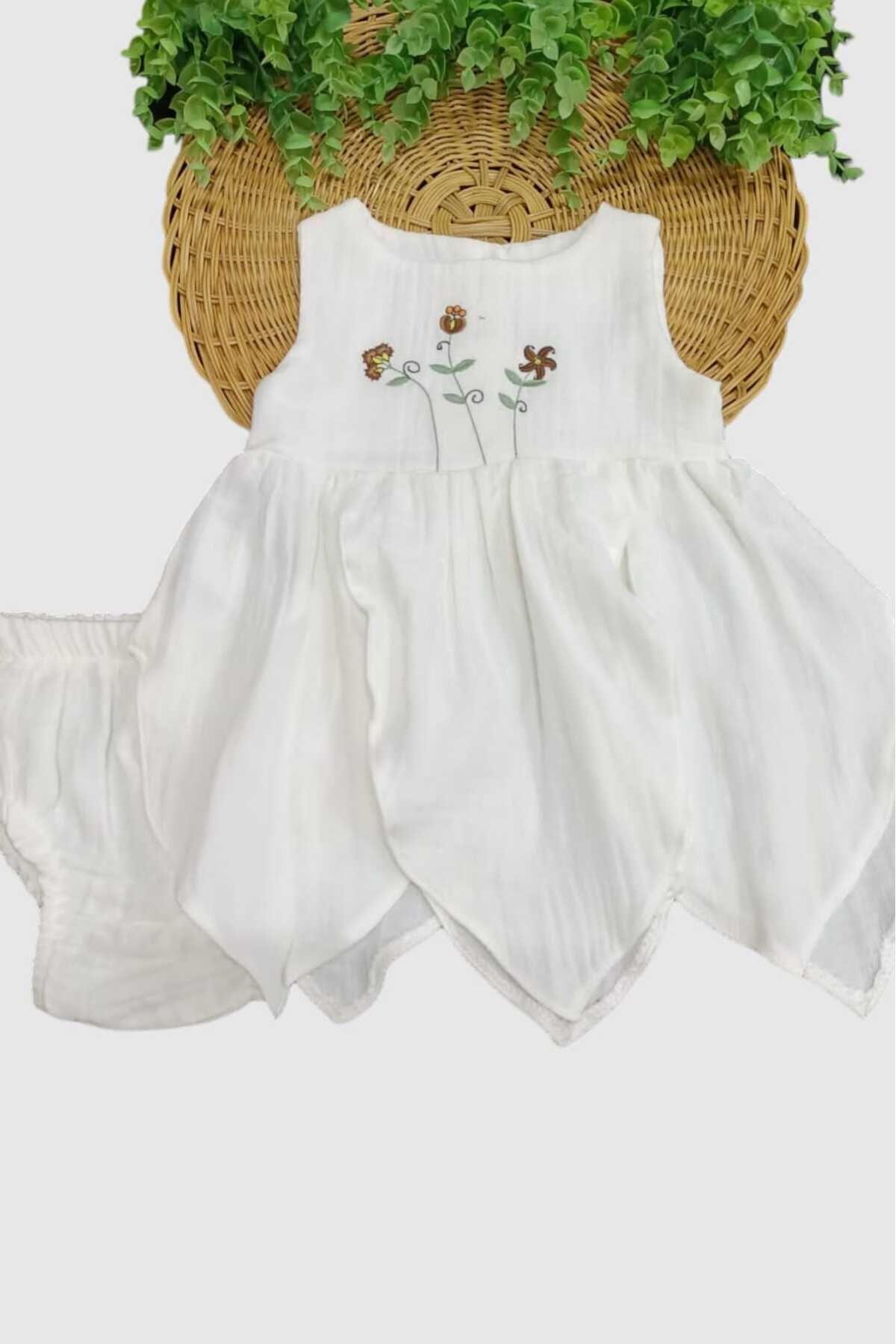 dinamik çocuk %100 Pamuk Kız Bebek/Çocuk Peri Elbise Nakışlı Eteği Parçalı + Külotlu Müslin Organik Takım fotoğrafı 3 (önizleme)