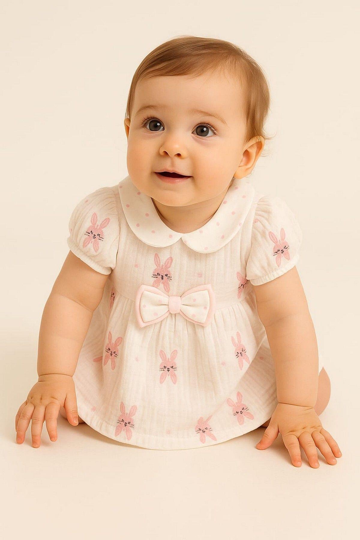 dinamik çocuk Kız Bebek/Çocuk Müslin Kumaş Tavşanlı Büzgü Kol Yazlık Elbise Organik fotoğrafı 2 (önizleme)