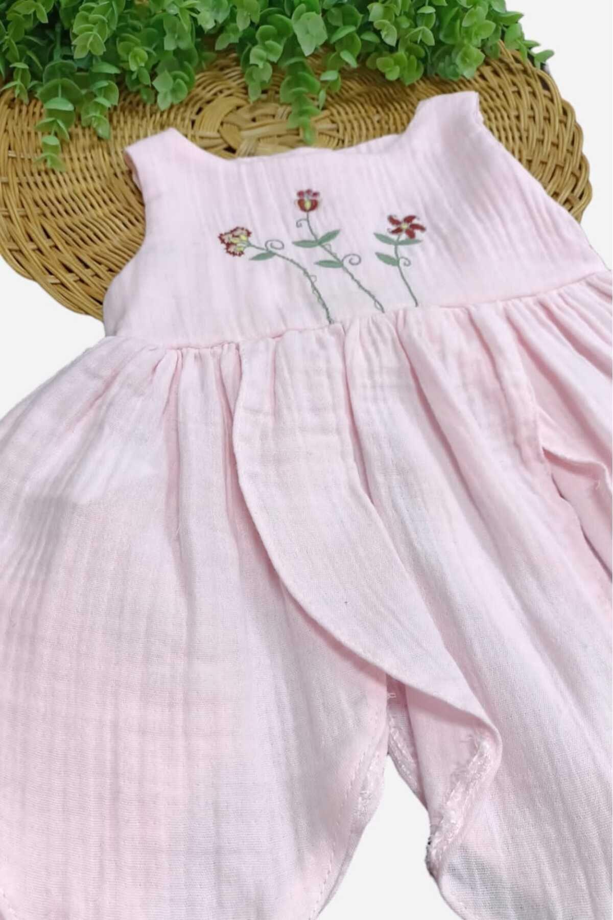 dinamik çocuk %100 Pamuk Kız Bebek/Çocuk Peri Elbise Nakışlı Eteği Parçalı + Külotlu Müslin Organik Takım fotoğrafı 6 (önizleme)