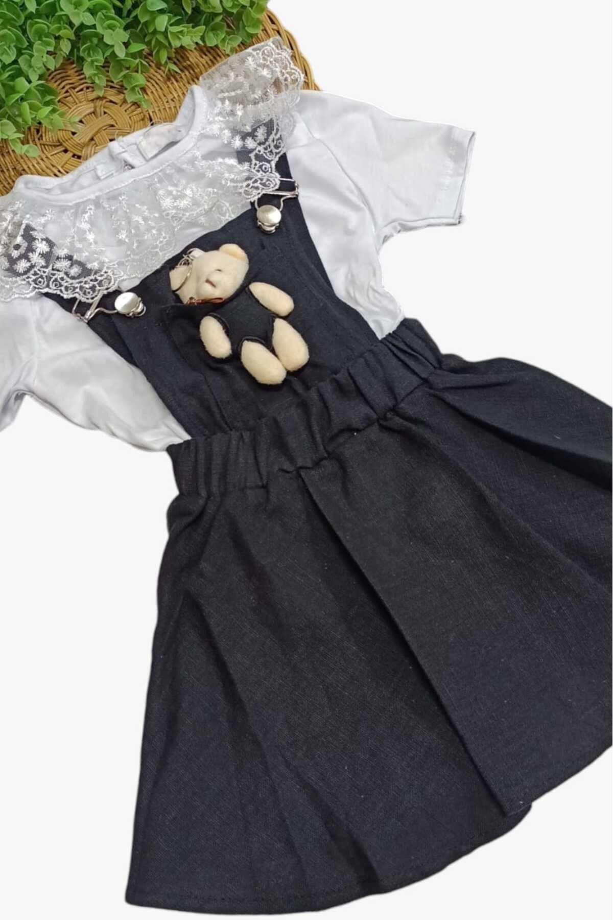 dinamik çocuk Kız Çocuk Dantelli Badili + Ayıcıklı Keten Jile Elbise 2'li Takım Ayarlanabilir Askılıklı Bayramlık fotoğrafı 4 (önizleme)