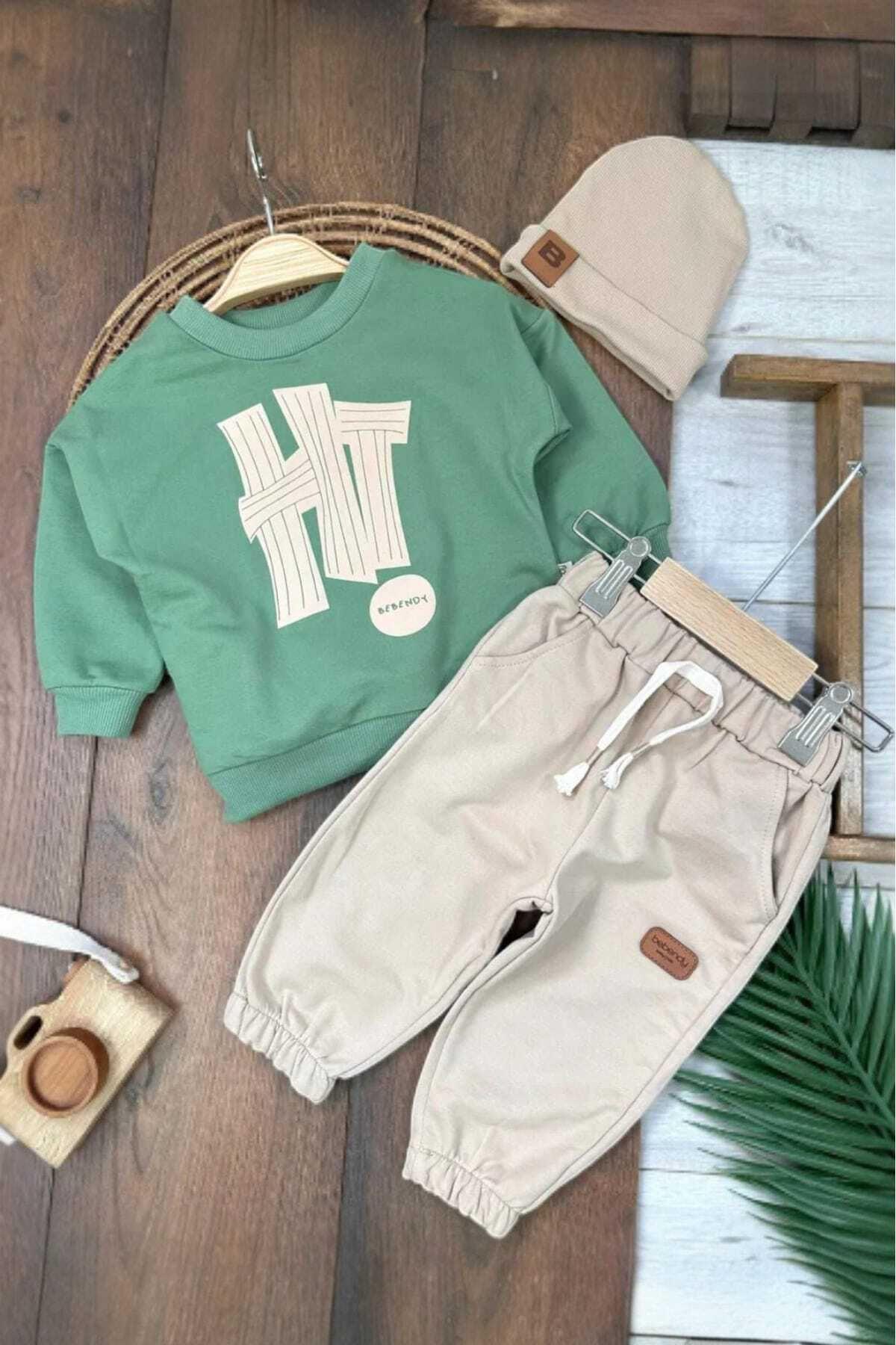 dinamik çocuk Hi Kabartma Baskılı Bereli 3lü Takım Mevsimlik Oversize (Geniş Kalıp) Erkek/Kız Bebek Takım Aylık fotoğrafı 6 (önizleme)