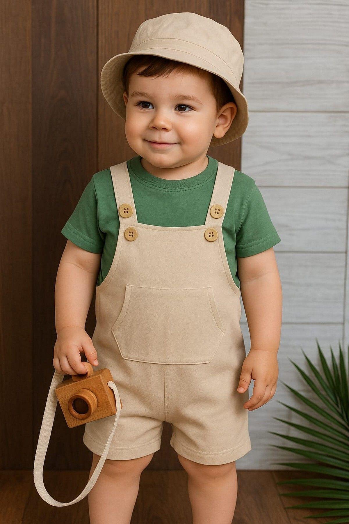 Baby Boy's 3pcs Dungaree Safari Hat Badili Casual Size Summer Suit/Jumpsuit
