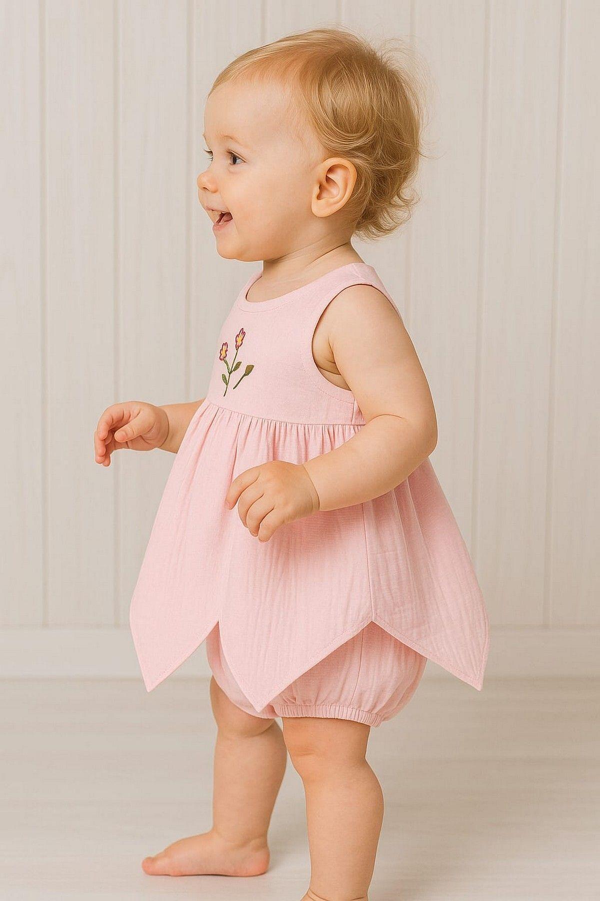 dinamik çocuk %100 Pamuk Kız Bebek/Çocuk Peri Elbise Nakışlı Eteği Parçalı + Külotlu Müslin Organik Takım fotoğrafı 2 (önizleme)