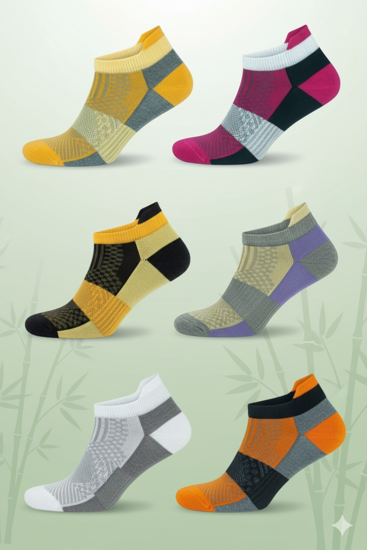 eleganzo Kadın Renkli 6'lı Bambu Spor Desenli Güçlendirilmiş Yıkamalı Dikişsiz Kısa Patik Yazlık Çorap