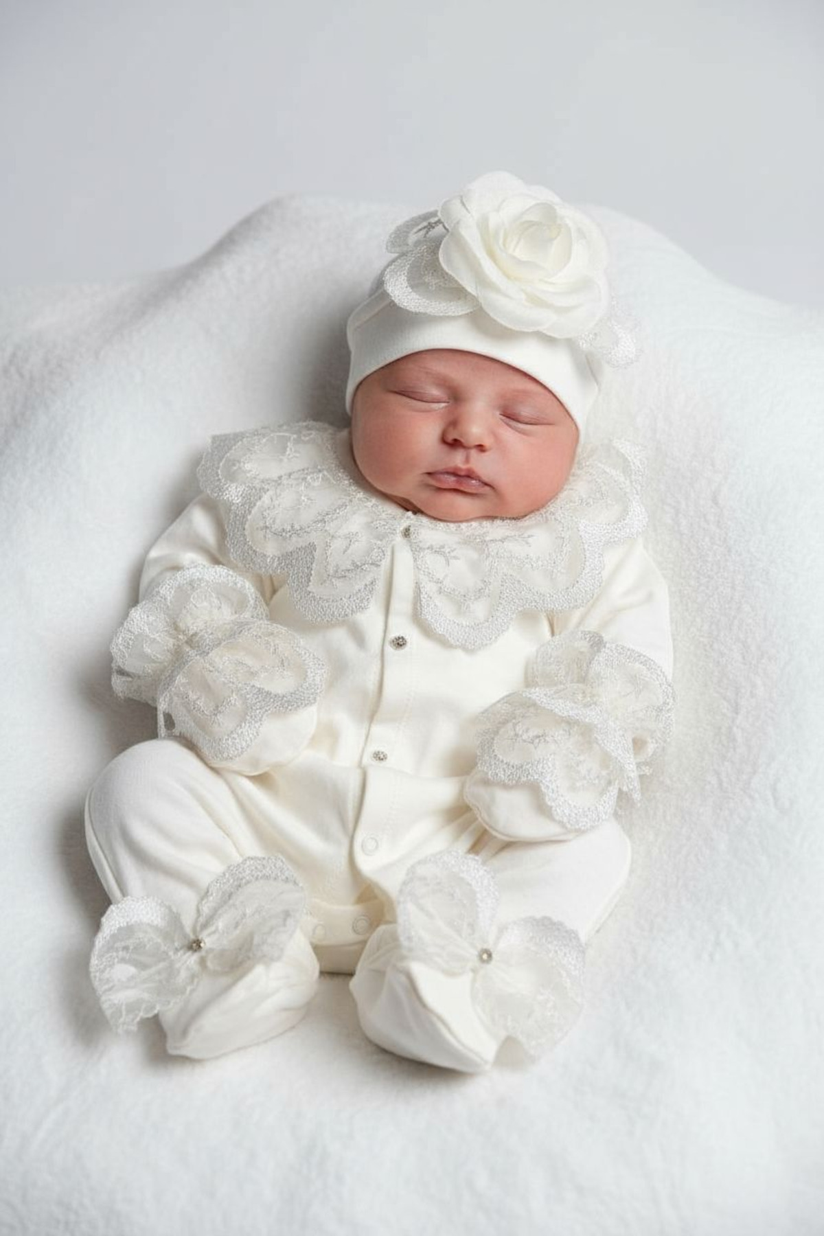 Şeker Tadında Tasarımlar Kız Bebek Beyaz Gül Detaylı Tulum Set