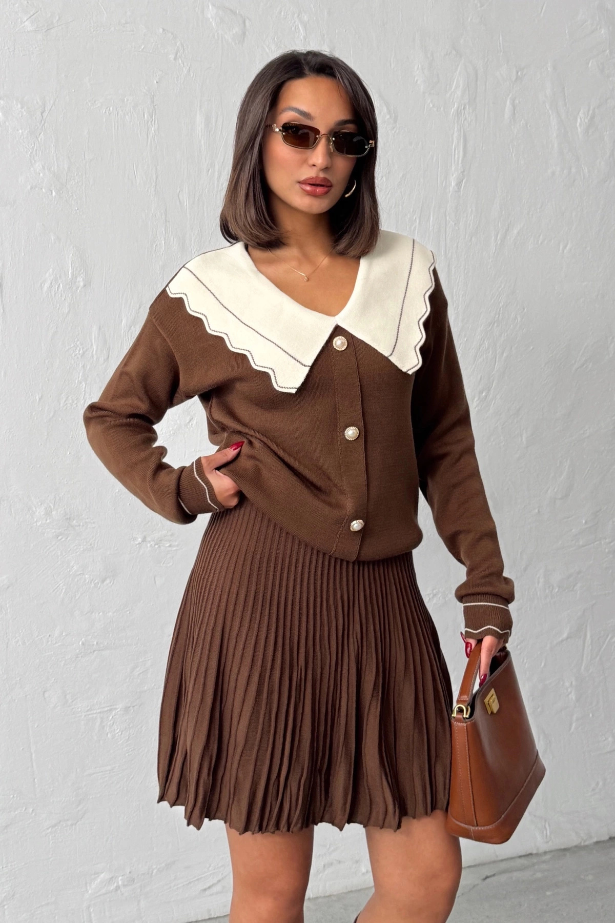 Lusin Dámský hnědý elegantní kardigan s detaily na límci, halenka, sukně, spodní díl, top, dvoudílný set (nová barva)