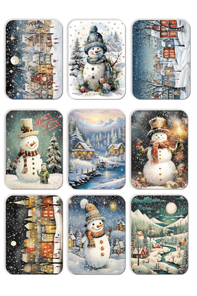 Mia Pera 9lu Simli Yılbaşı Kartpostal Seti Yeniyıl Manzara Kardan Adam Nostalji