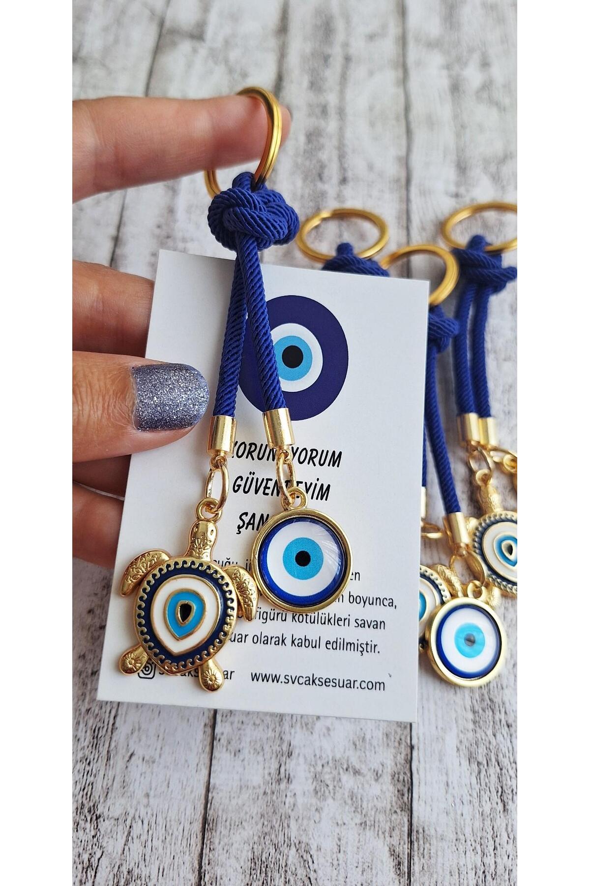 Gift Double Evil Eye Beaded Navy Blue Turtle Keychain Key Ring 10.5cm