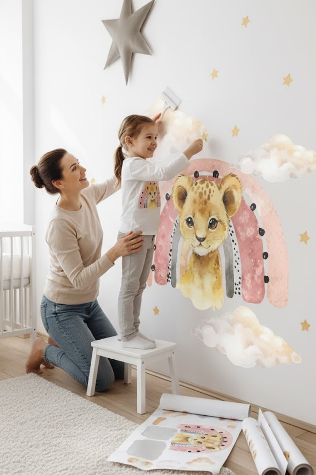 Cute Tiny Lion Rainbow Clouds And Stars Pastel Color Kids Room Wall Stickers Set