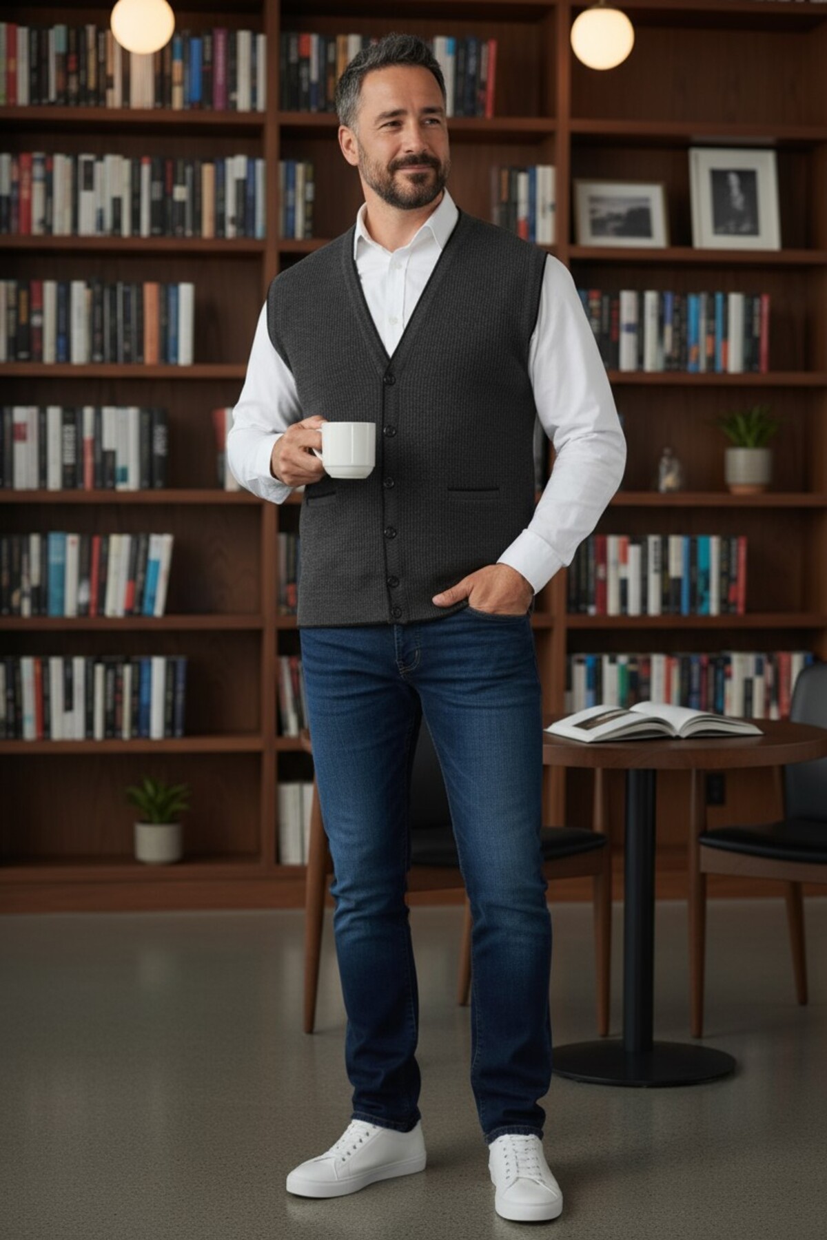 Kamalı  Erkek Gri V Yaka Triko Düğmeli Cepli Çizgi Desenli Regular Fit Tüylenmeyen Örgü Yelek - Görsel 4