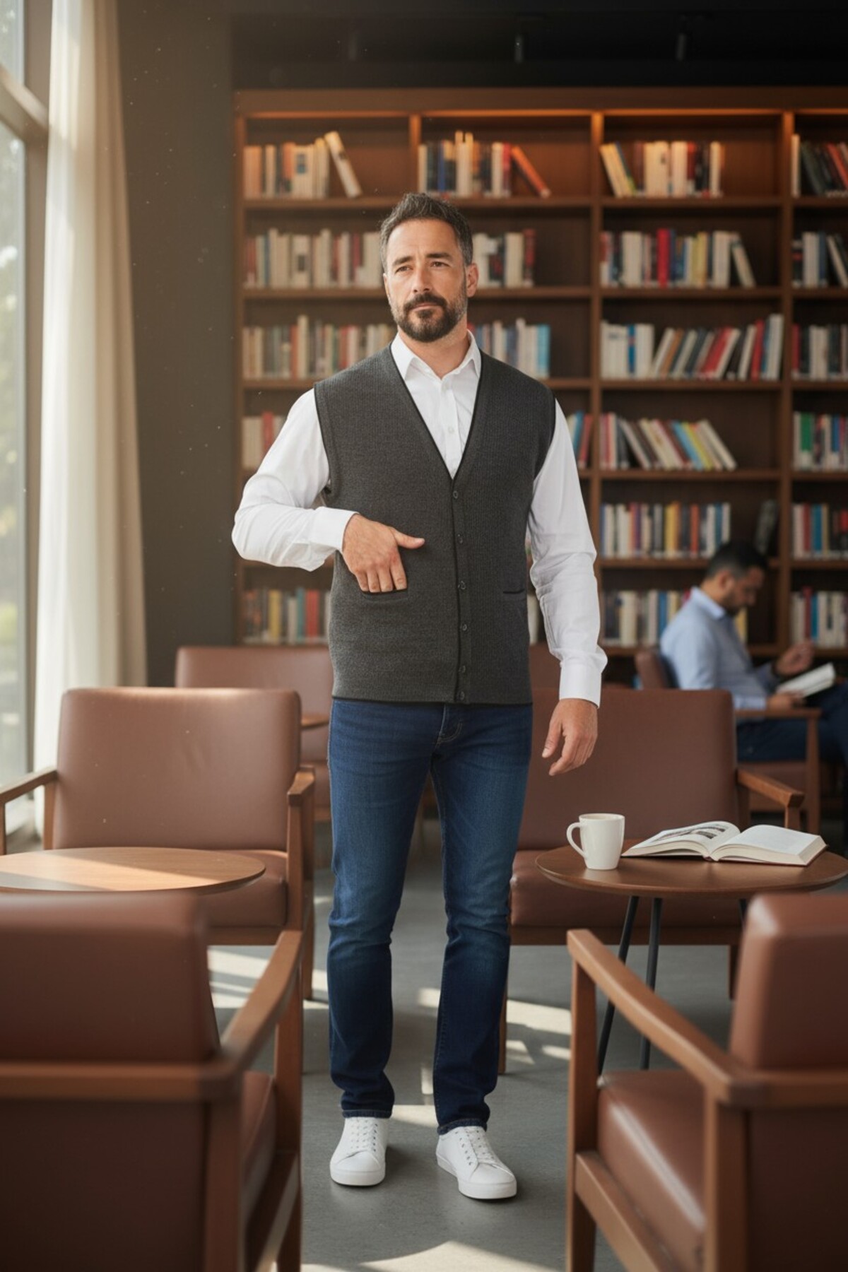 Kamalı  Erkek Gri V Yaka Triko Düğmeli Cepli Çizgi Desenli Regular Fit Tüylenmeyen Örgü Yelek - Görsel 2