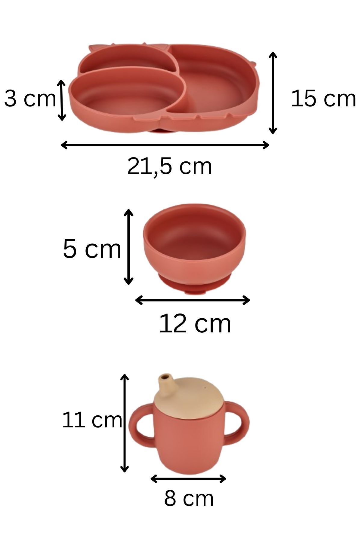 espashome 3'lü Silikon Bebek Beslenme Seti / Bölmeli Mama Tabağı / Mama Kasesi / Bebek Bardağı - Kiremit Rengi fotoğrafı 5 (önizleme)
