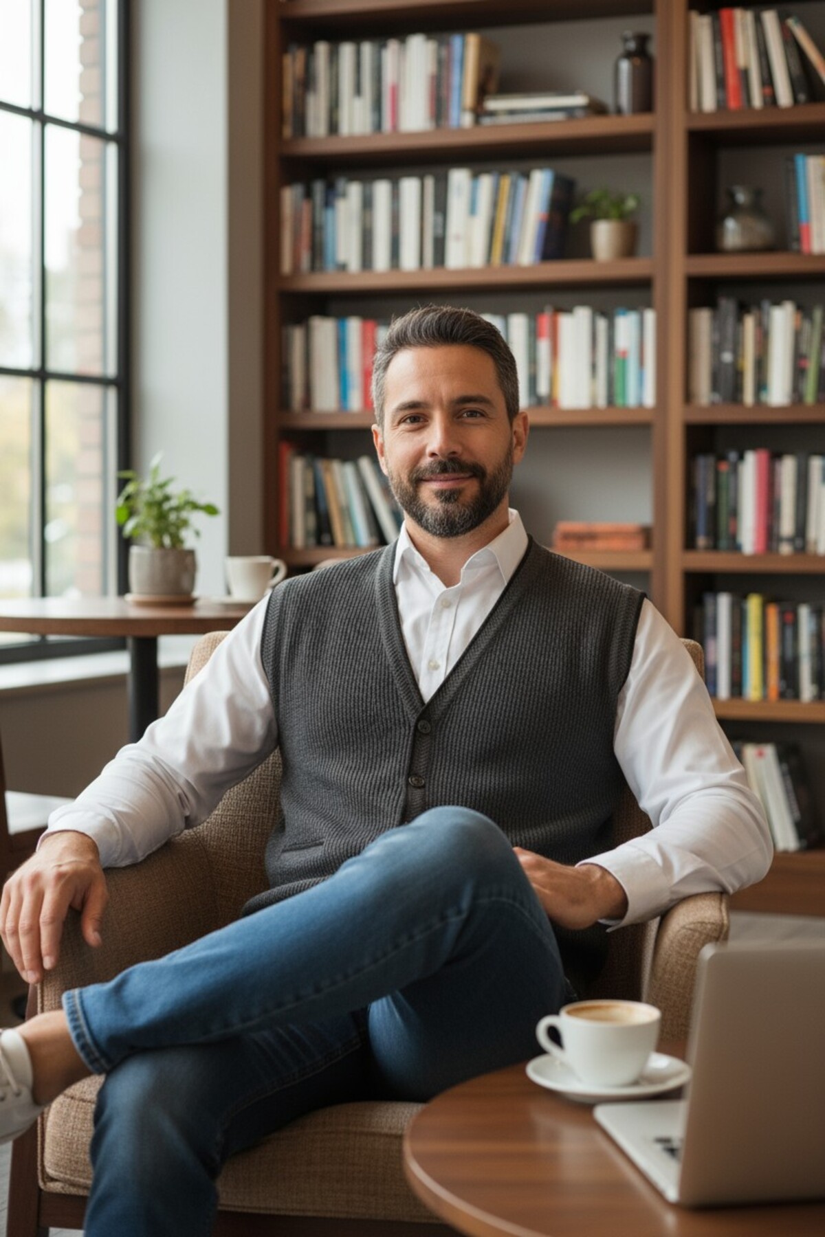 Kamalı  Erkek Gri V Yaka Triko Düğmeli Cepli Çizgi Desenli Regular Fit Tüylenmeyen Örgü Yelek - Görsel 6