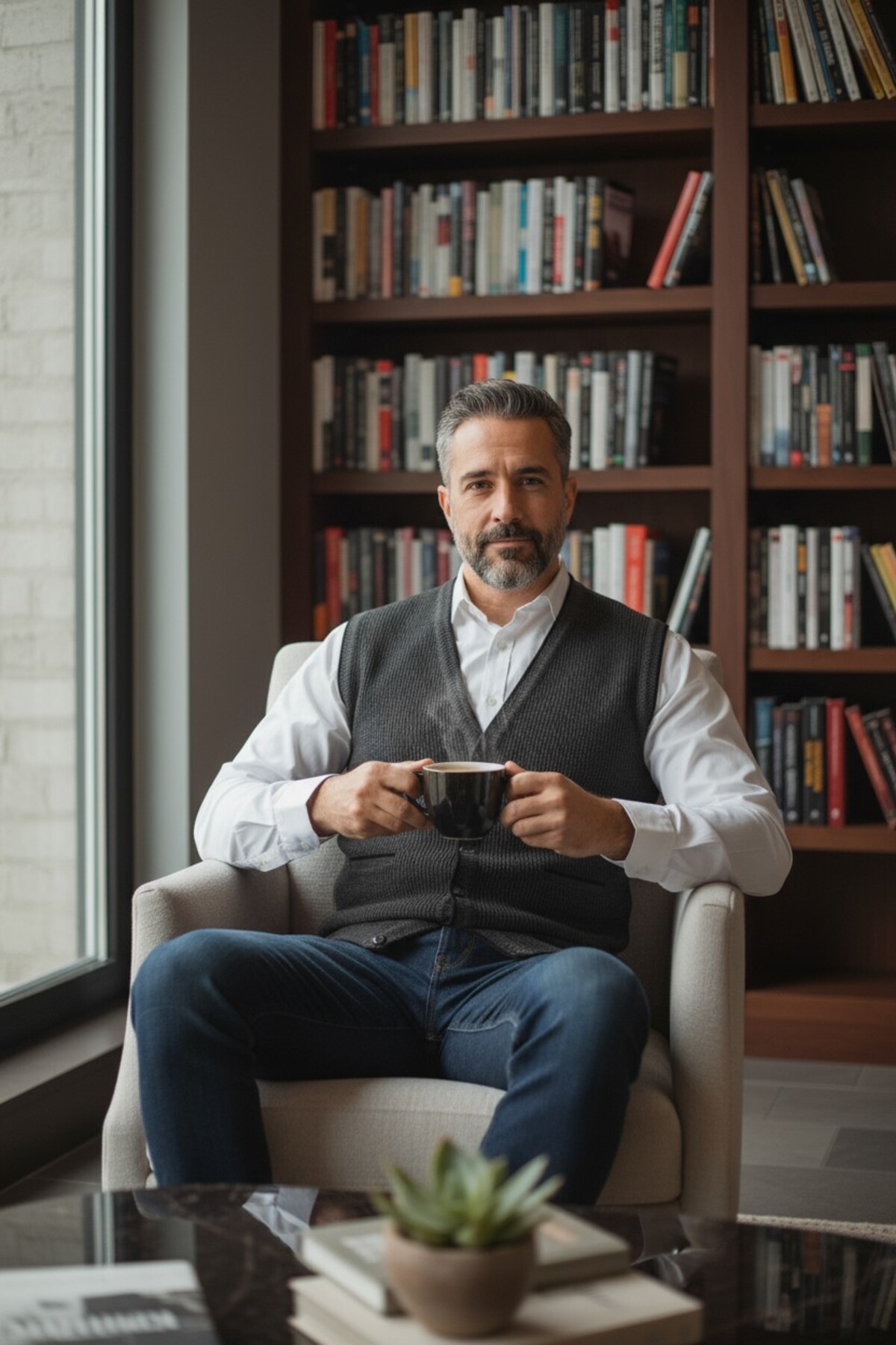 Kamalı  Erkek Gri V Yaka Triko Düğmeli Cepli Çizgi Desenli Regular Fit Tüylenmeyen Örgü Yelek - Görsel 3