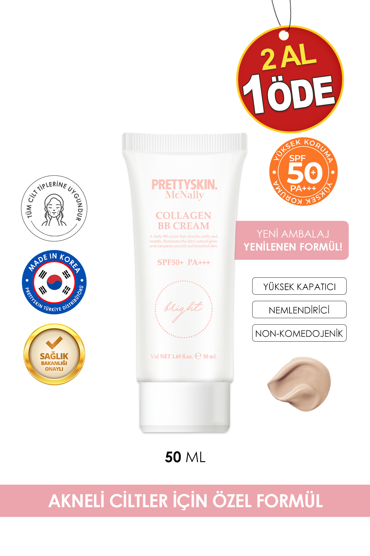 PRETTYSKIN Nemlendirici & Kapatıcı Bb Krem – Cilt Tonu Eşitleyici, Spf50 Koruma Ve Besleyici Bakım 50ml