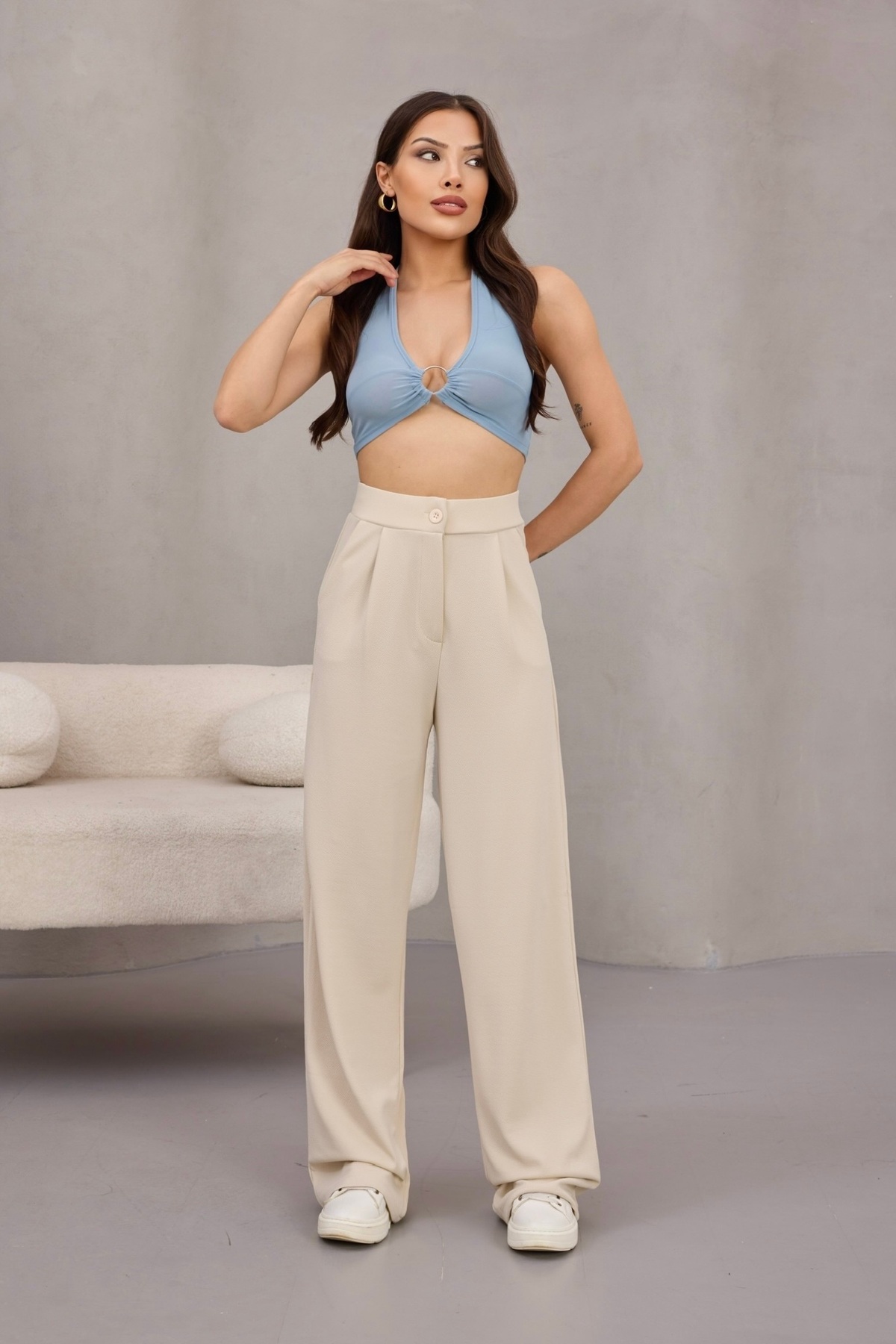 alanora  Kadın Likralı Salaş Geniş Paça Palazzo Pantolon - Görsel 9