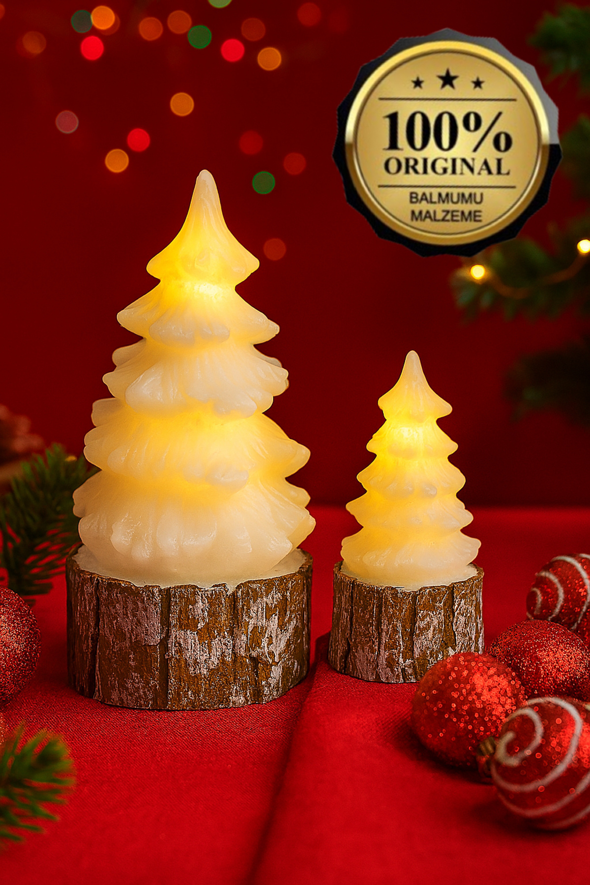 Ecuy Gerçek Bal Mumu Led Çam Ağacı Yanma Efektli Led Mum, Yılbaşı Dekoru, 2 Adet Dekoratif Mum
