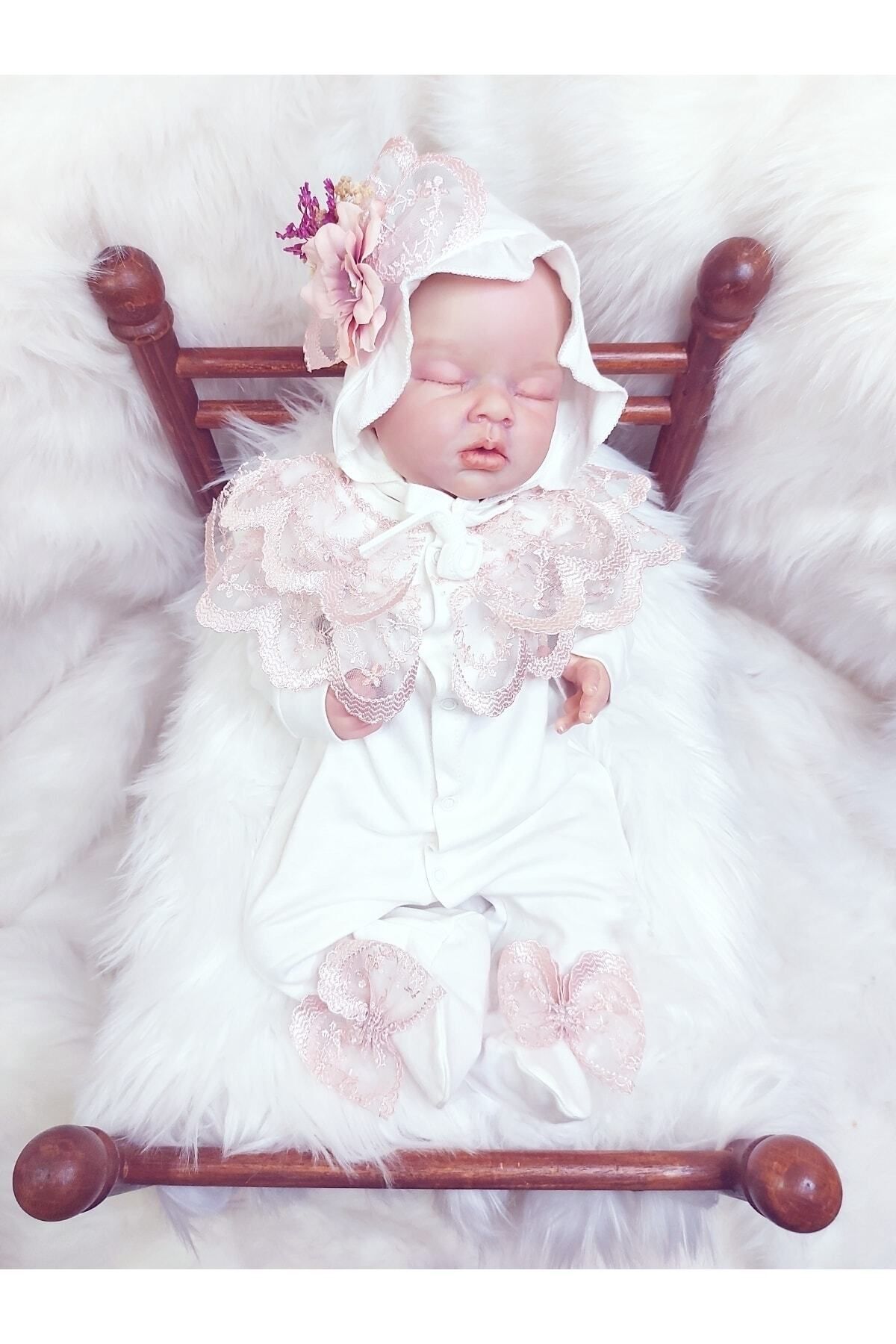 Şeker Tadında Tasarımlar Bonet Şapkalı Pudra Güpürlü Kız Bebek Tulum Seti,mevlüt Takımı fotoğrafı 5 (önizleme)