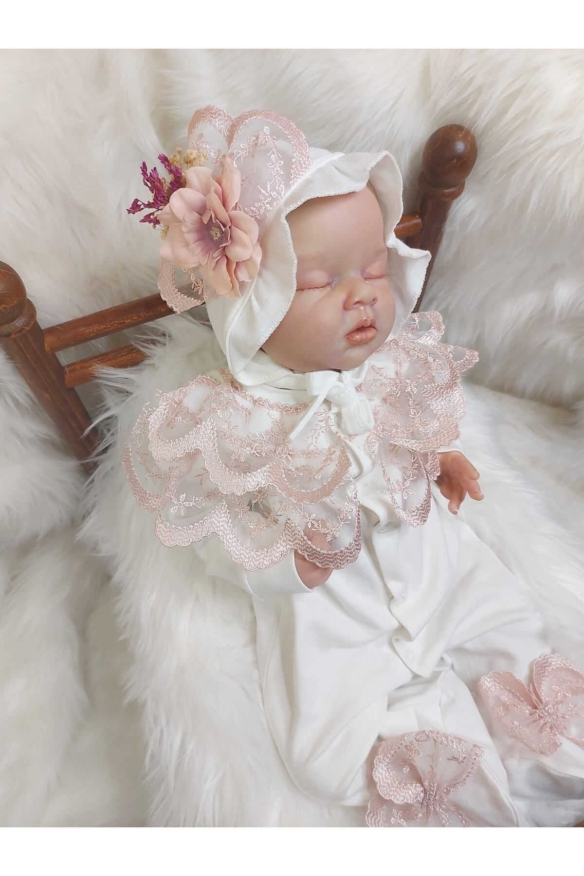 Şeker Tadında Tasarımlar Bonet Şapkalı Pudra Güpürlü Kız Bebek Tulum Seti,mevlüt Takımı fotoğrafı 6 (önizleme)