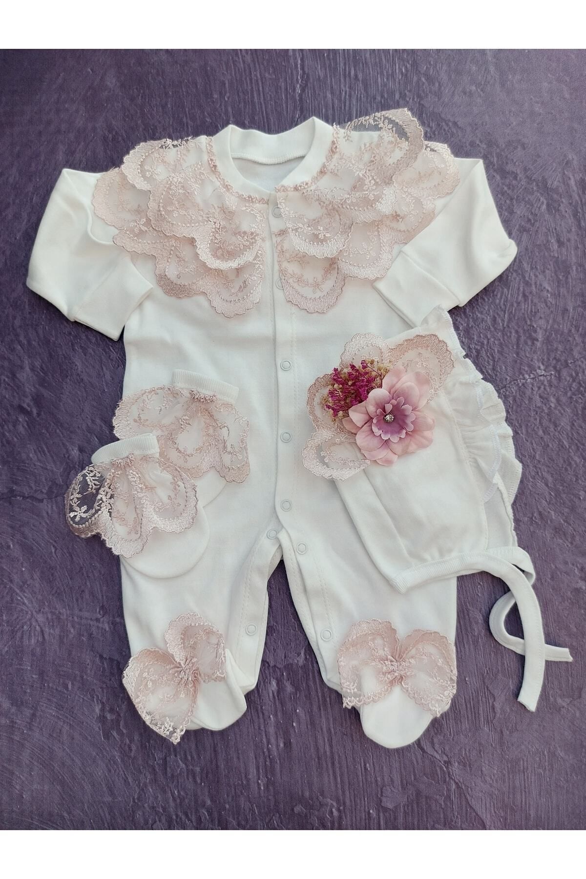 Şeker Tadında Tasarımlar Bonet Şapkalı Pudra Güpürlü Kız Bebek Tulum Seti,mevlüt Takımı fotoğrafı 3 (önizleme)