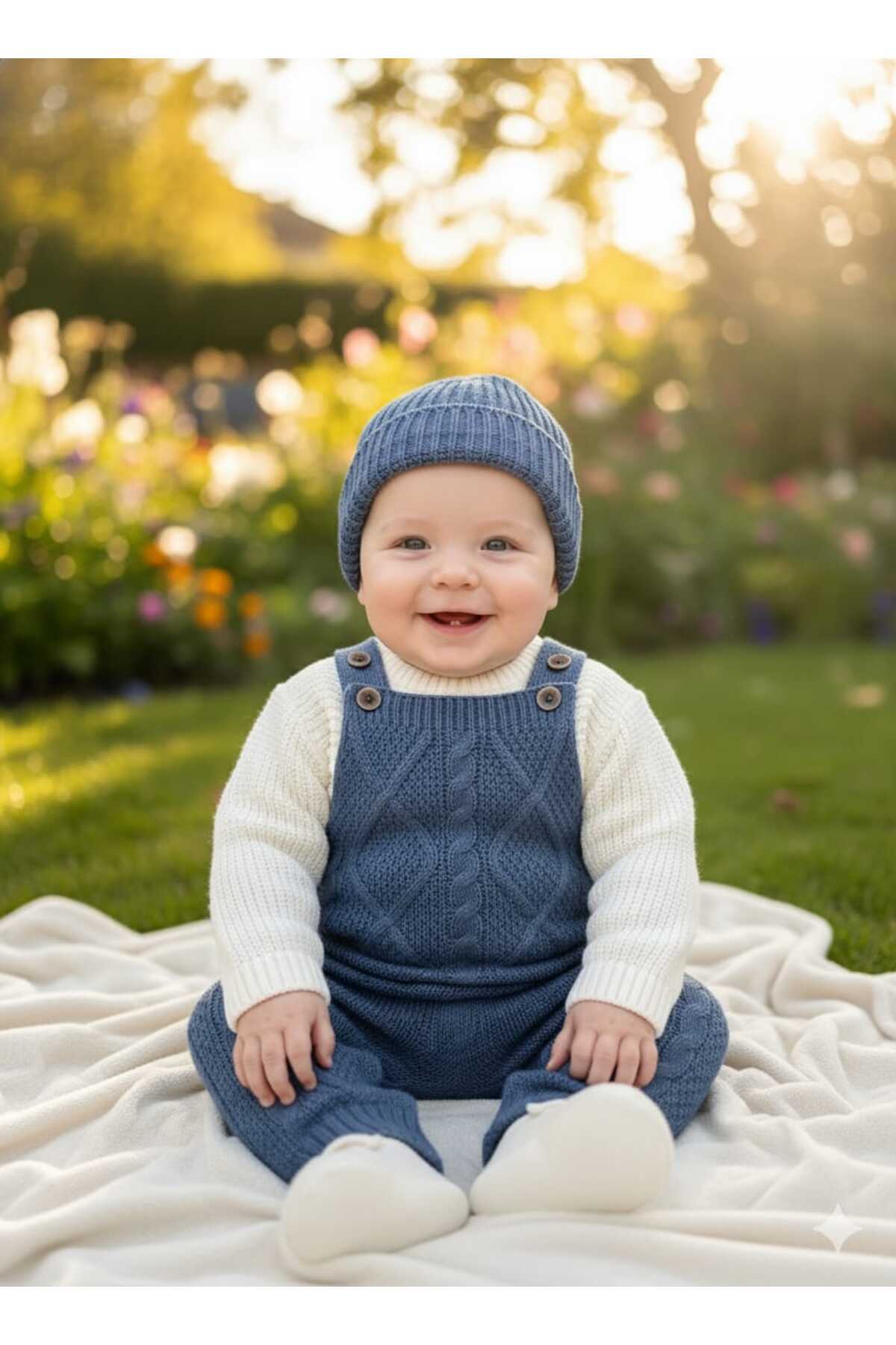 meriç bebe - bütün çocuklar melektir. mrc Kız Erkek Bebek Ayarlanabilir Askılı Baklava Desenli Bereli Triko Salopet Takımı fotoğrafı 2 (önizleme)