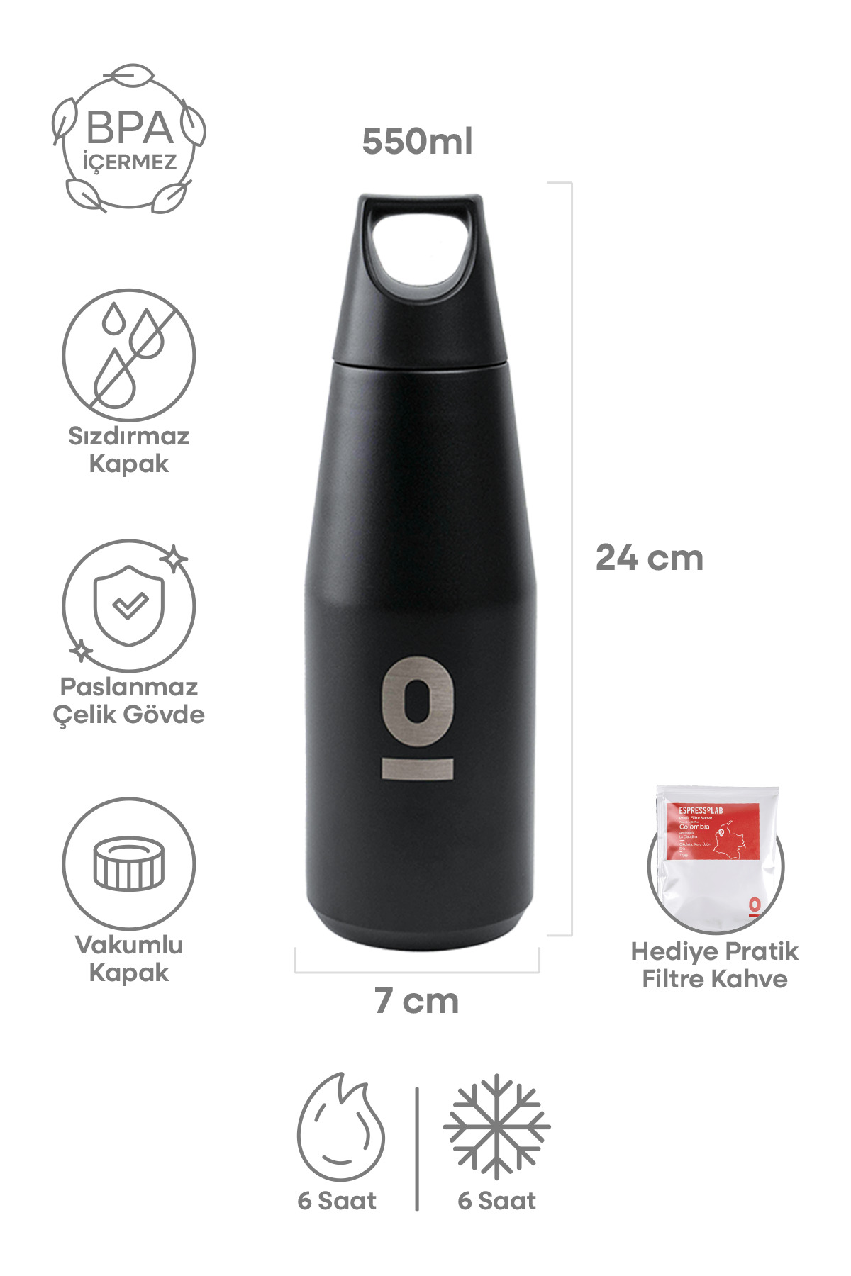 Stainless Steel Black Bottle Thermos 550 ml No:67