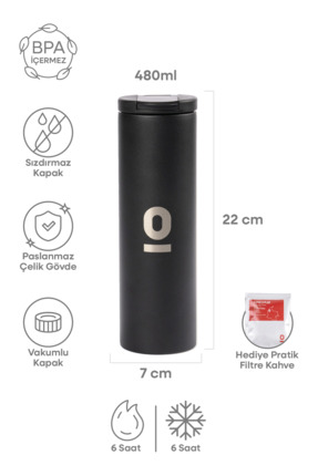 Espressolab Paslanmaz Çelik Siyah Uzun Termos 480 ml No:50