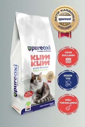 PureOxi Kum Kum Premium 10 Kg Aktif Karbonlu Kokusuz Kedi Kumu – Hızlı Topakl...