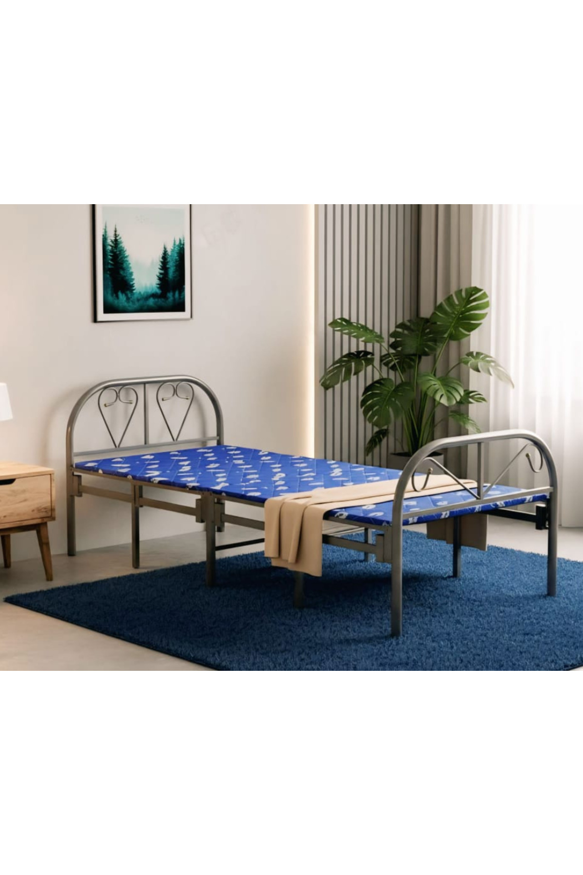 سرير فردي قابل للطي مصنوع من منصة معدنية فولاذية متينة مقاس 190 × 90 سم