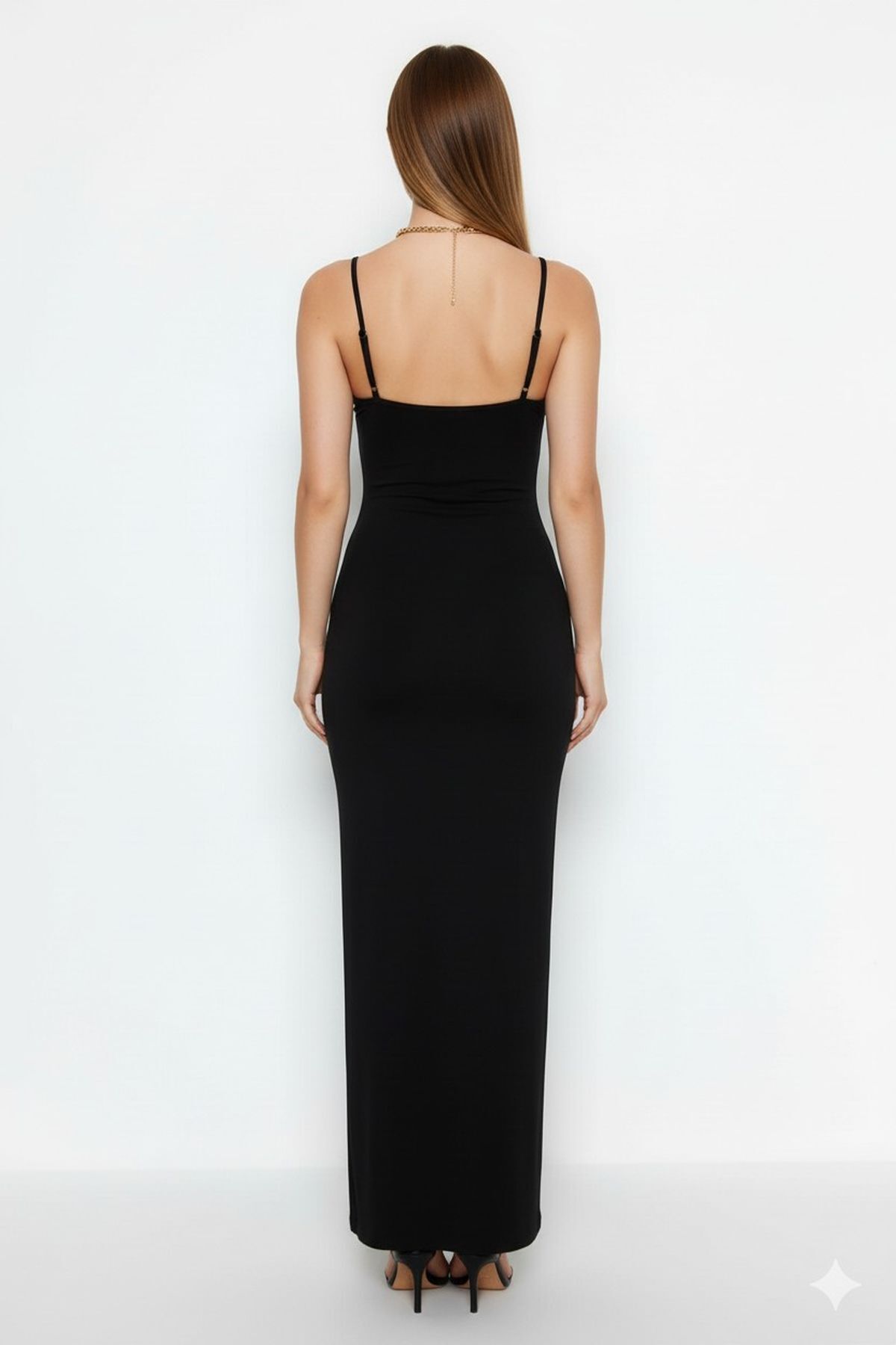segiza  Ayarlanabilir Askılı Vücuda Oturan Maxi Elbise Siyah - Görsel 3