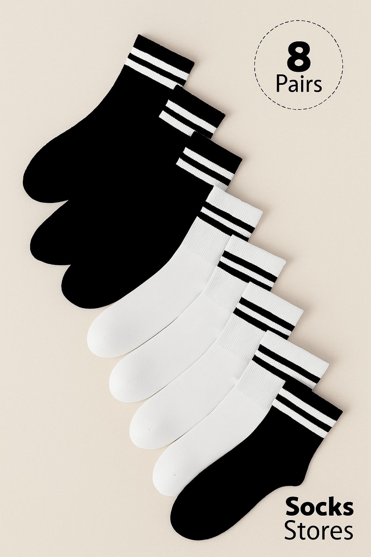 Esinti Unisex Beyaz Çizgili Kolej Çorap 8'li Paket Pamuklu (8 Pairs)