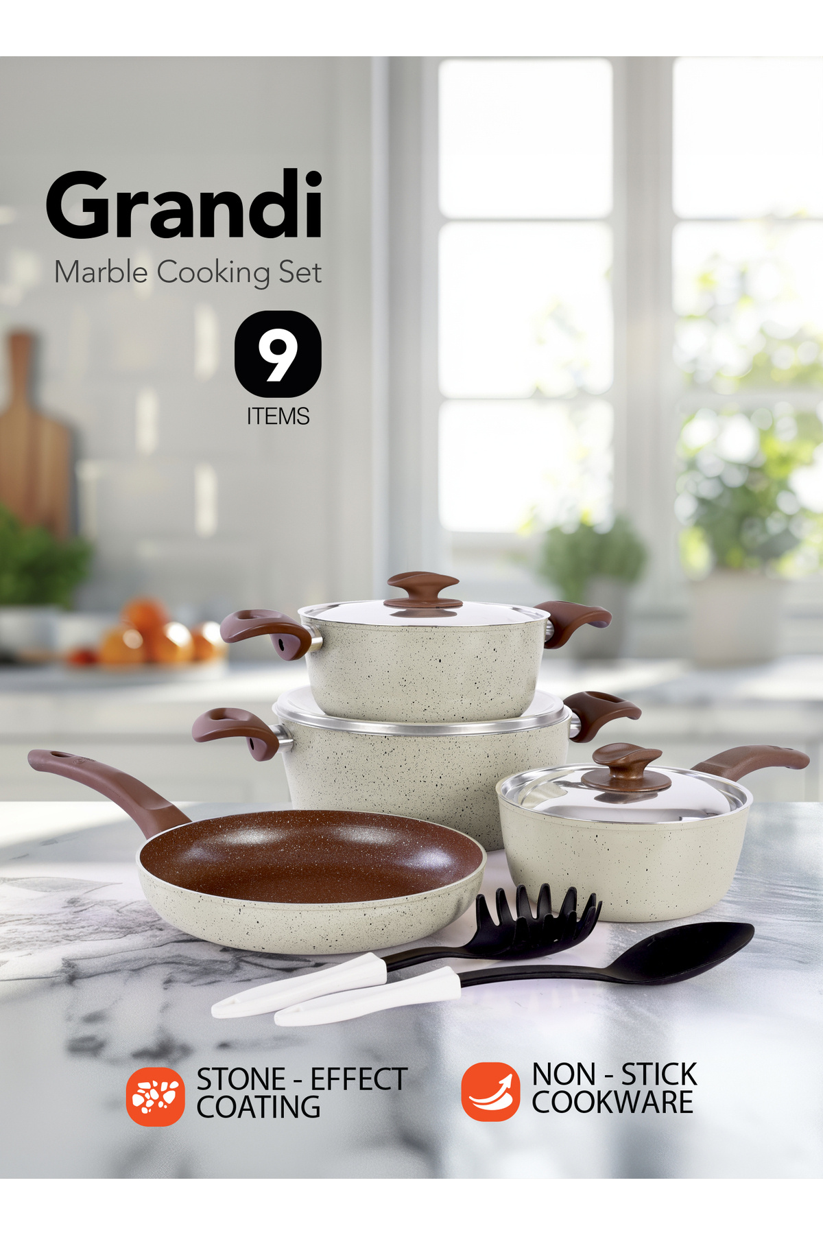 GRANDİ مجموعة أواني طهي جراندي غير لاصقة من 9 قطع، مصنوعة من الألومنيوم، 24+20+24+18