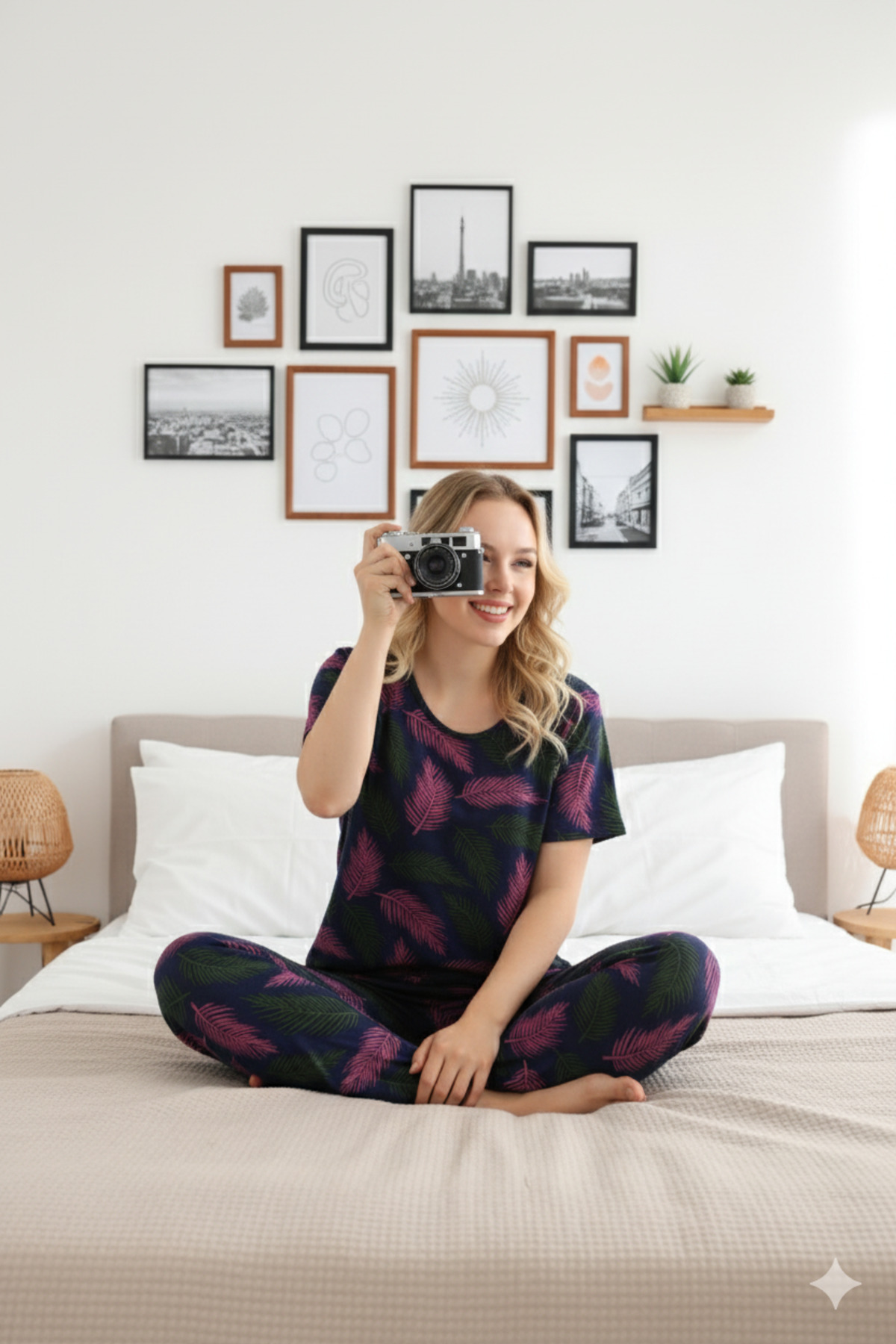 Navy Blue Ring Viscose Green Leaf Patterned Short Sleeve Pajamas Set