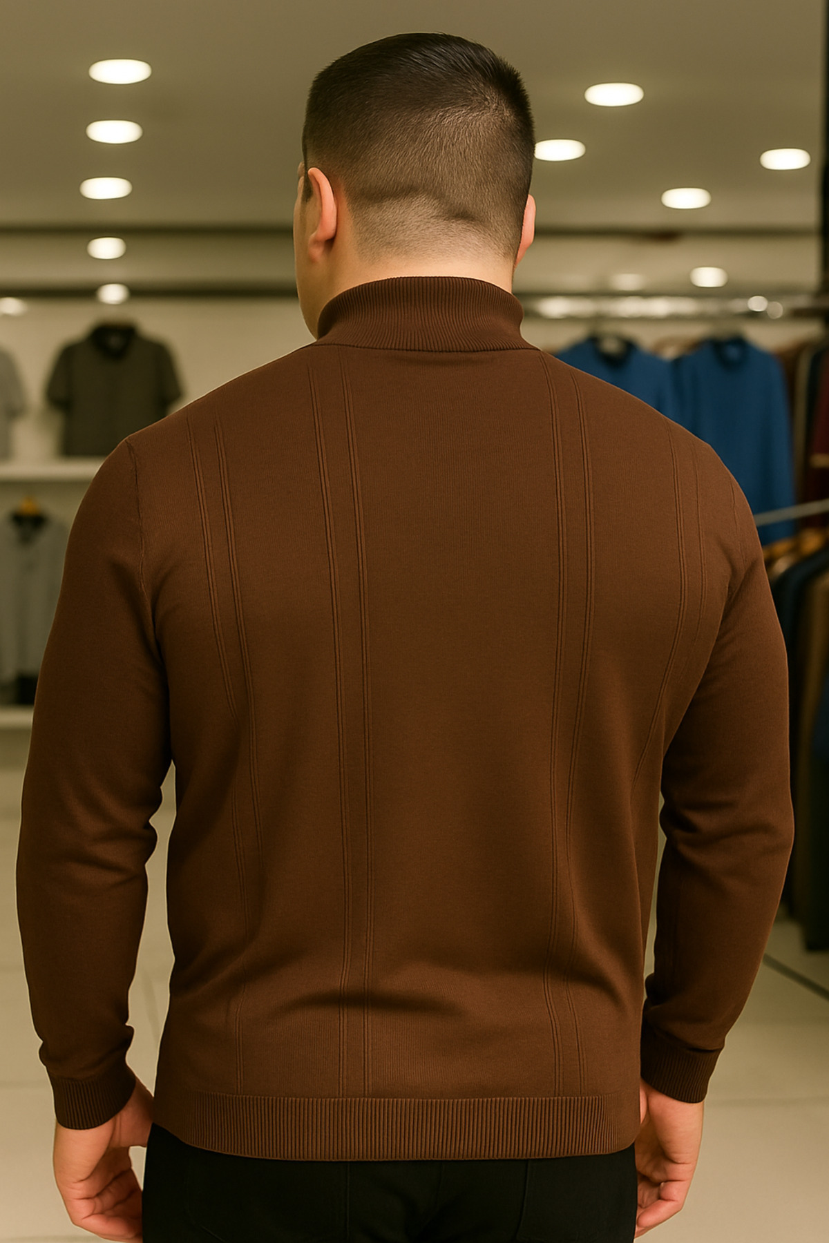 Maccali Erkek Büyük Beden Çizgili Kahve Sweat Triko Kazak görsel 4