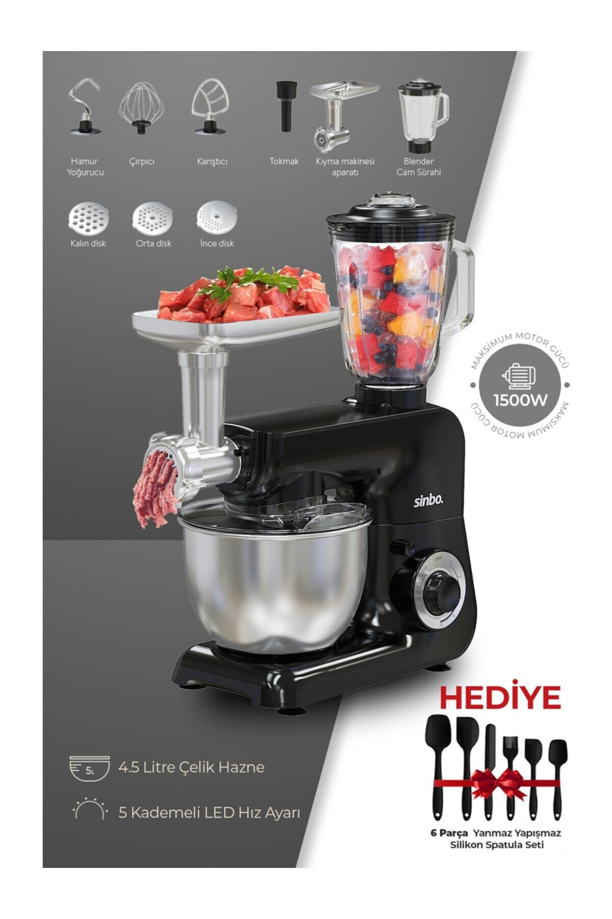 Sinbo SMX-2775 Çok Amaçlı Mutfak Şefi ( Hamur - Kıyma - Blender Makinesi )- Hediye Spatula Seti