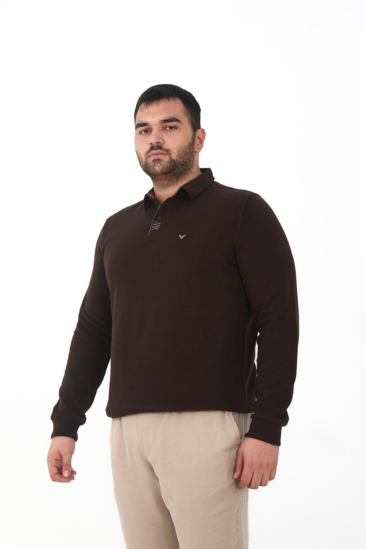 Maccali Erkek Comfortfit Kışlık Düz Kahverengi Battal Polo Yaka T-shirt görsel 2