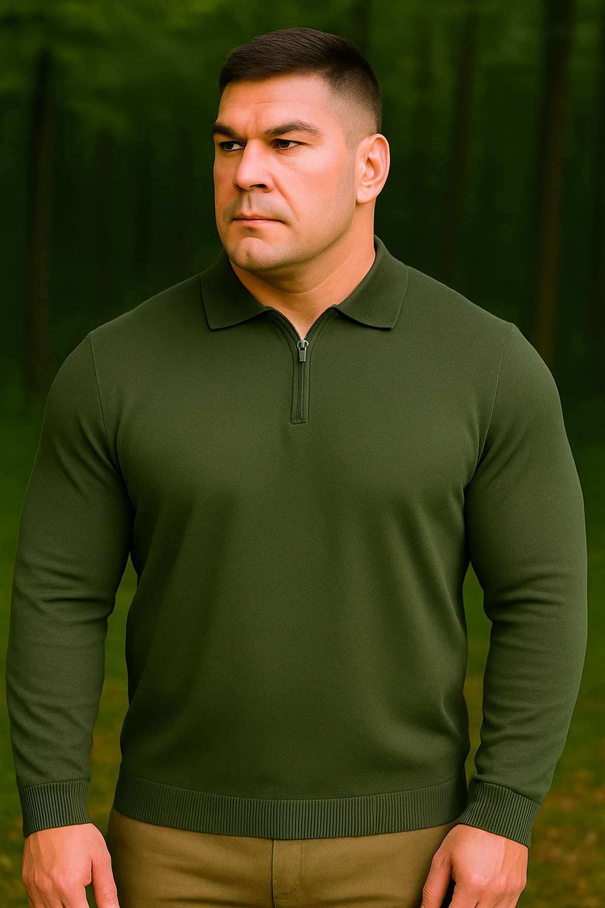 Maccali Erkek Büyük Beden Basic Haki Fermuarlı Sweatshirt