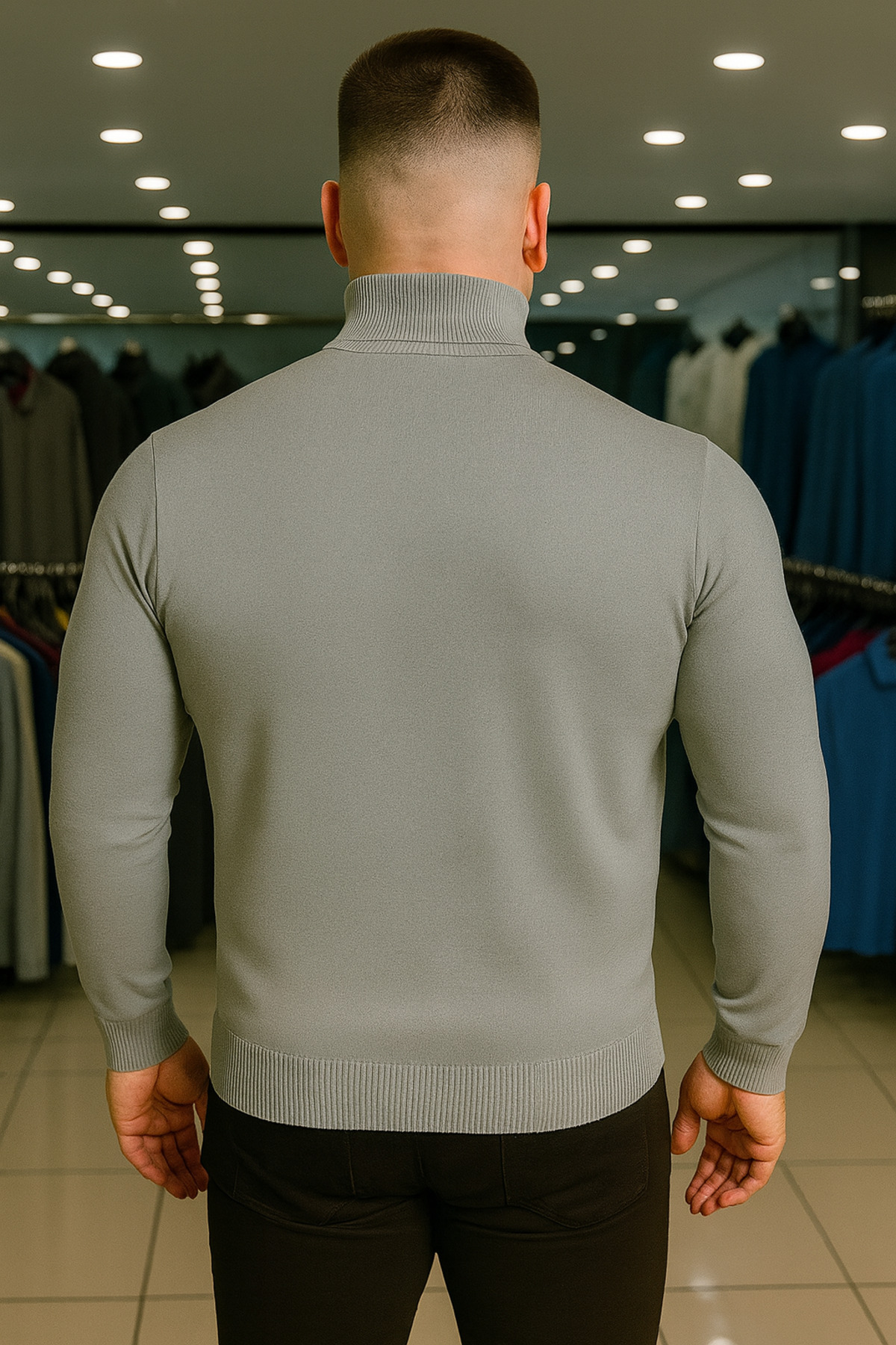 Maccali Erkek Büyük Beden Boğazlı Bol Gri Sweat Triko Kazak görsel 2