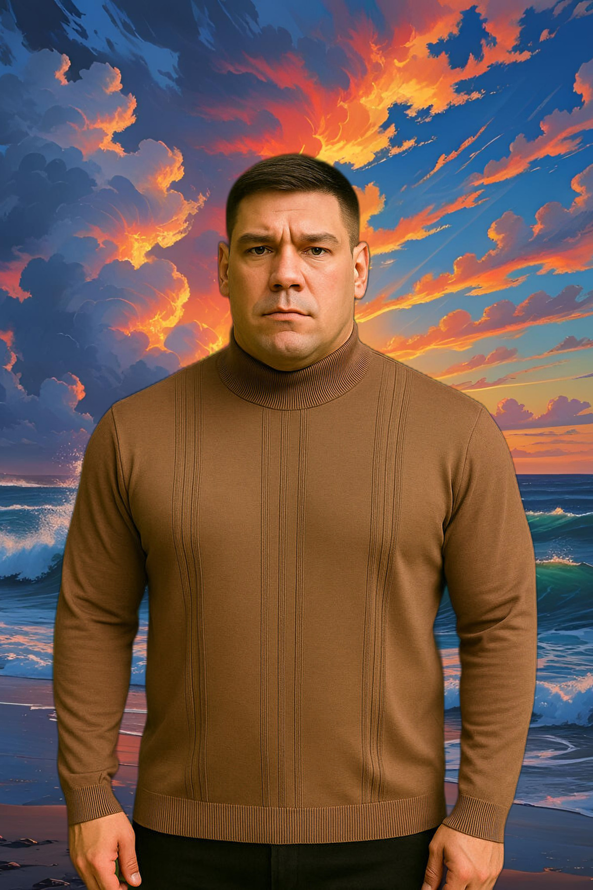 Maccali Erkek Büyük Beden Çizgili Camel Sweat Triko Kazak görsel 6