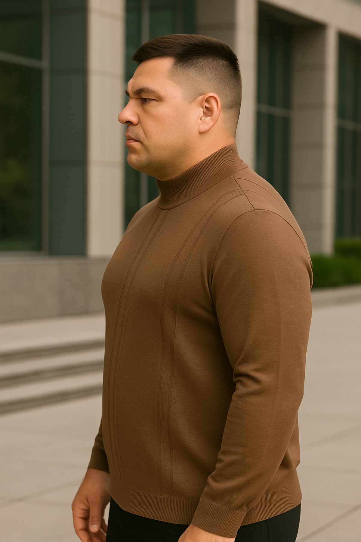 Maccali Erkek Büyük Beden Çizgili Camel Sweat Triko Kazak görsel 3