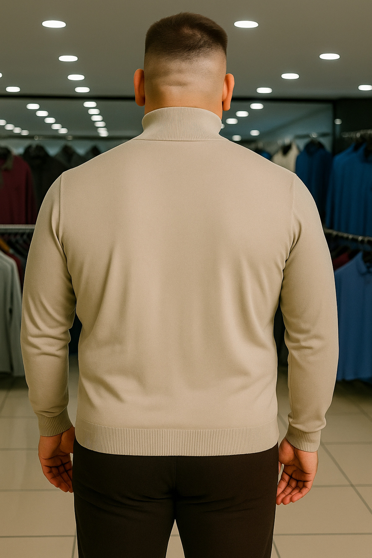 Maccali Erkek Büyük Beden Boğazlı Bol Krem Sweat Triko Kazak görsel 4