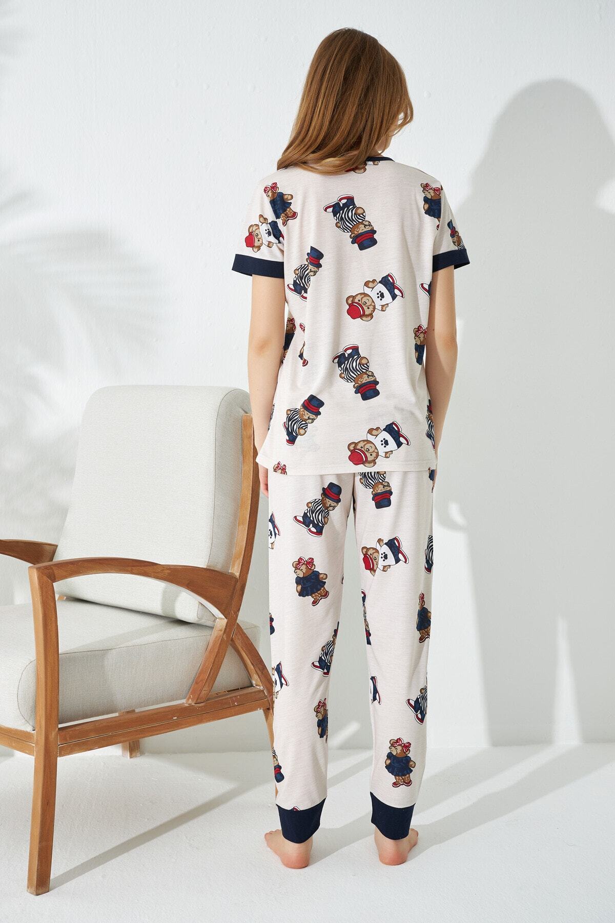 Siyah İnci  Krem Şapkalı Ayıcık Desenli Örme Pijama Takımı - Görsel 3