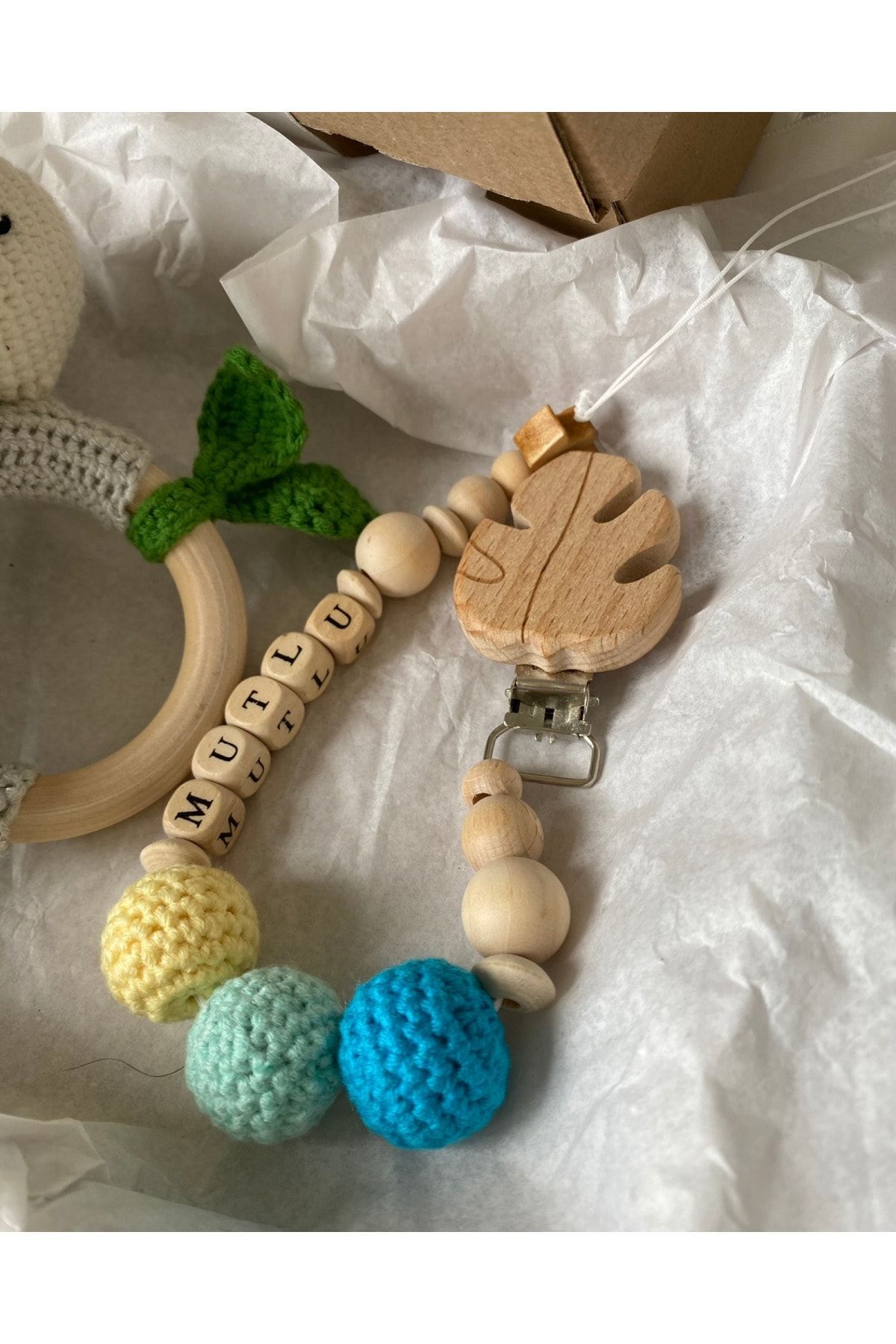 tiny wood Amigurumi Sevimli Tırtıl Diş Kaşıyıcı Çıngırak Isme Özel Emzik Seti, Organik Unisex Bebek Hediyelik fotoğrafı 3 (önizleme)