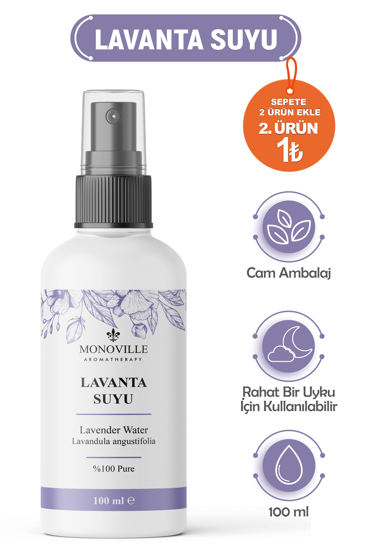 Monoville Lavanta Suyu 100 ml Cam Şişe %100 Saf ve Doğal Sprey Başlıklı (Lavender Water)