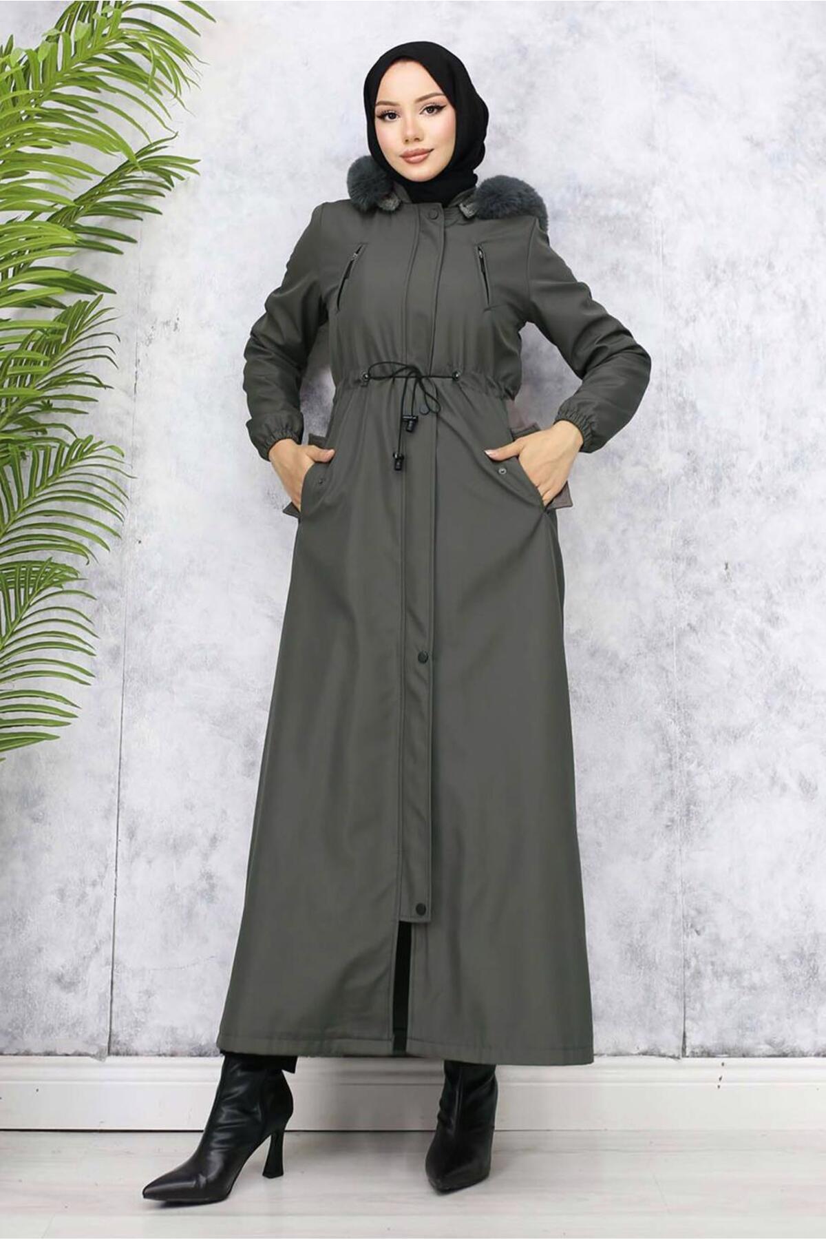 TRENDTESETTÜR KADIN GRİ (ANTRESİT) KAPÜŞONLU MANTO T 0501